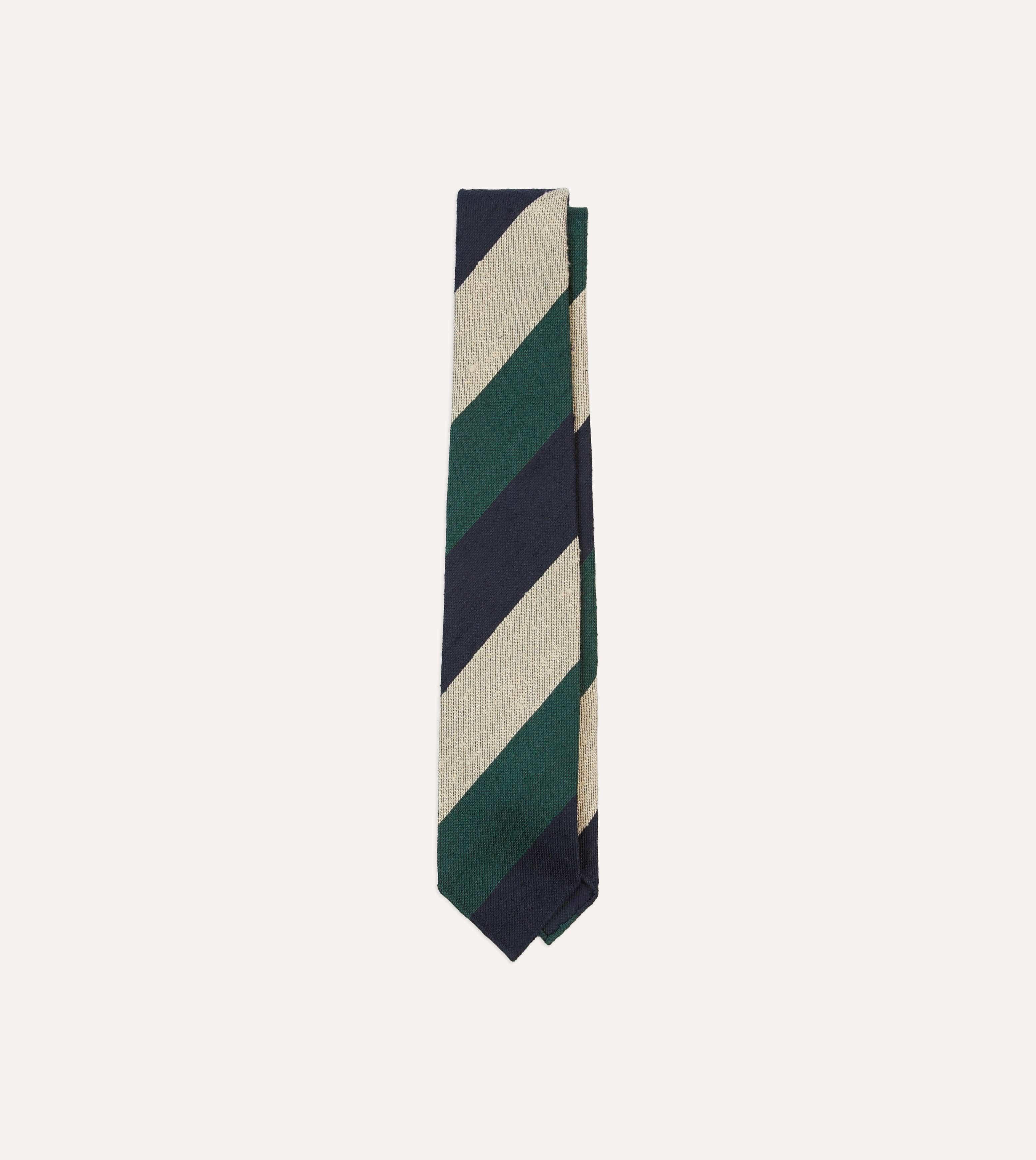 Navy, Green and Ecru Block Stripe Shantung Silk Tie