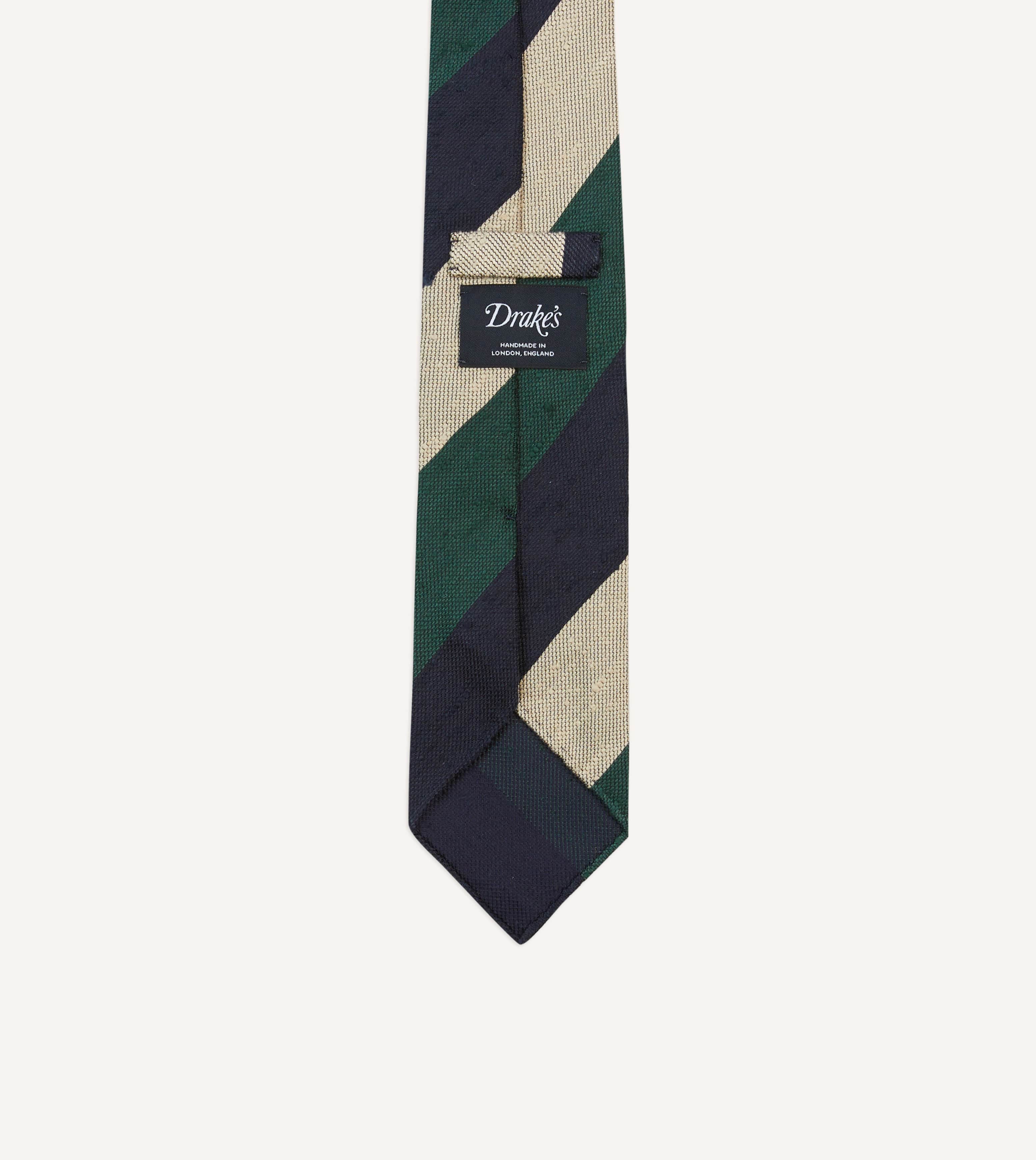 Navy, Green and Ecru Block Stripe Shantung Silk Tie