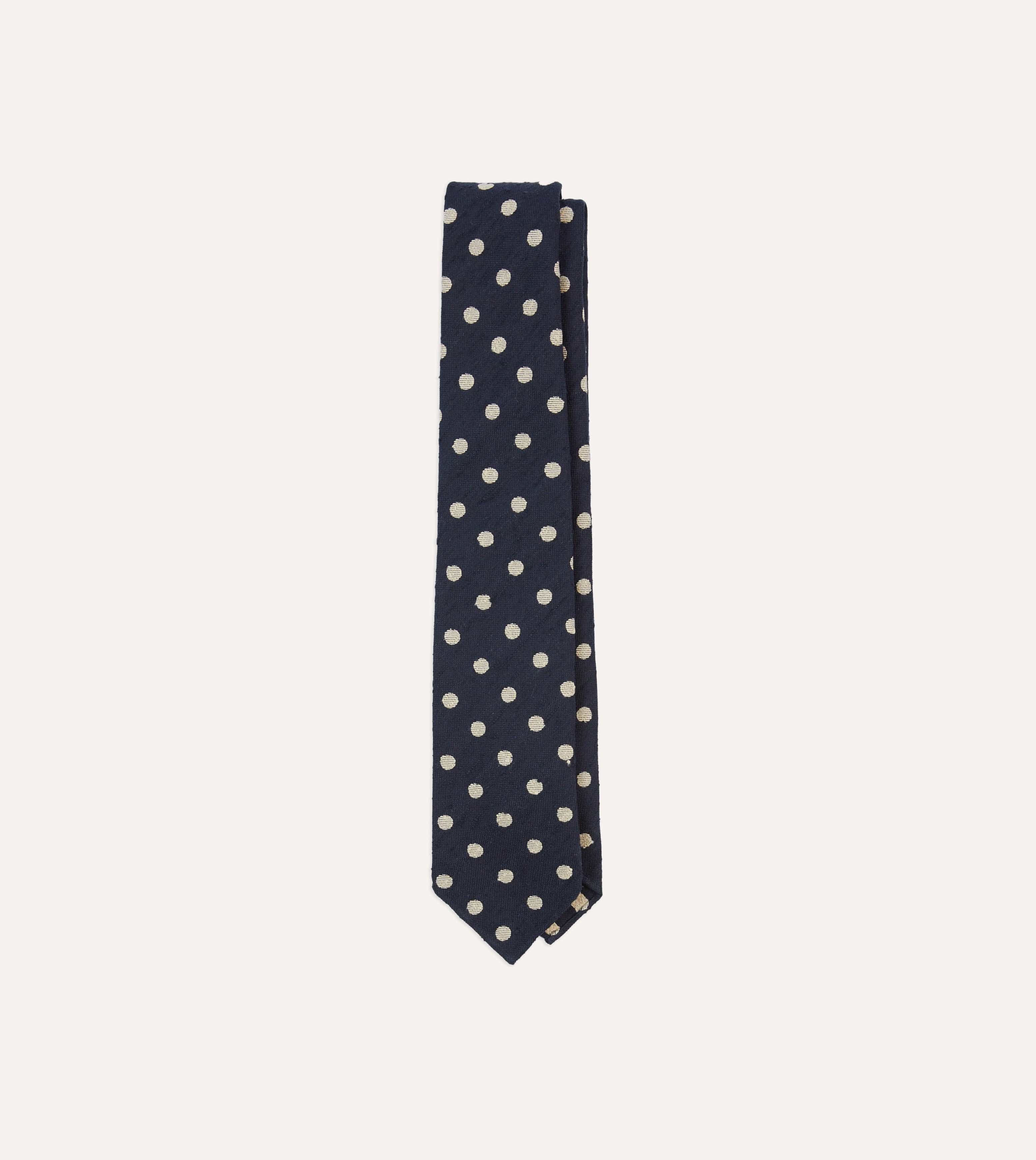 Navy and White Spots Shantung Silk Tie