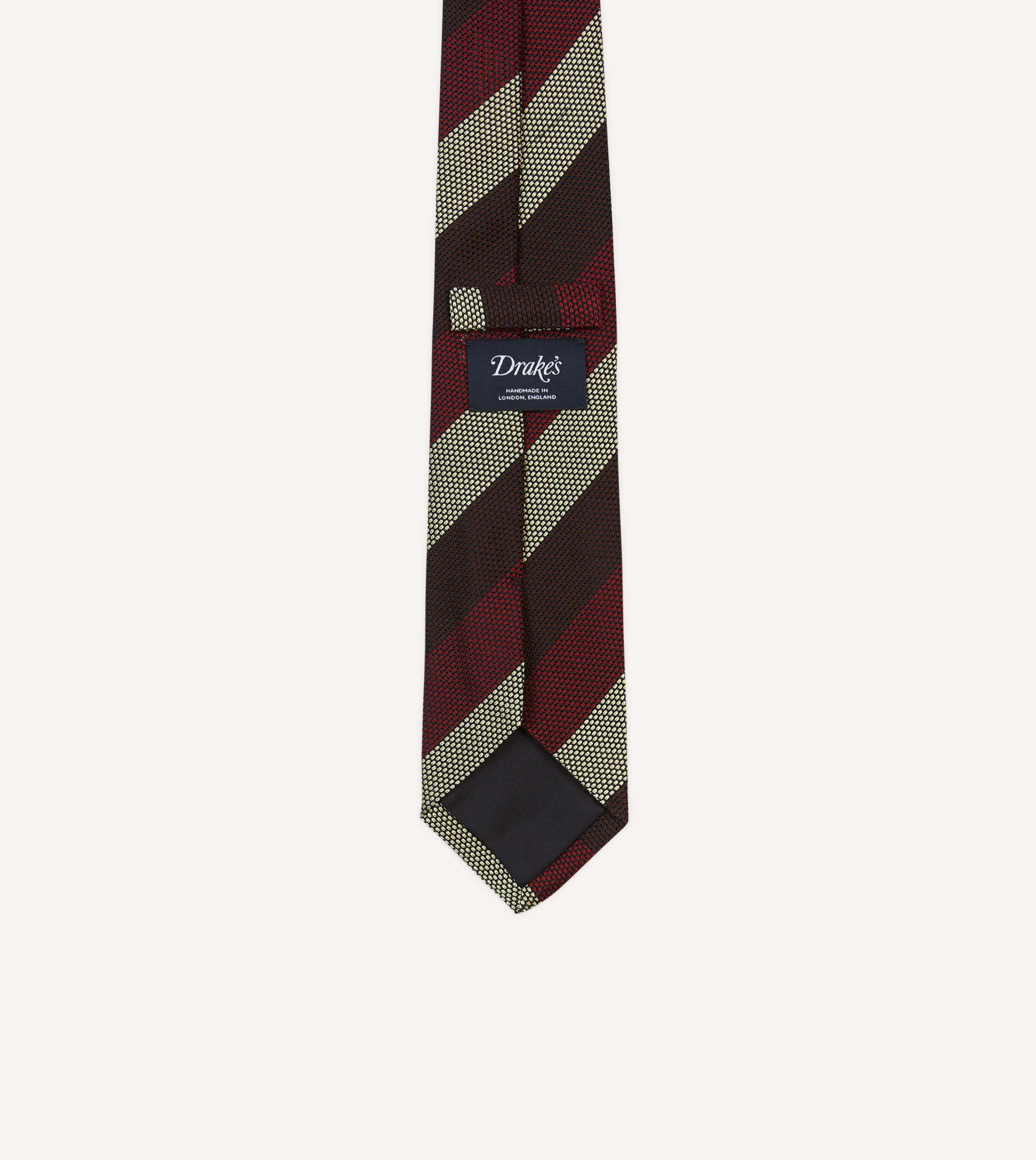 Brown, Red and Ecru Block Stripe Hand Rolled Silk Grenadine Tie