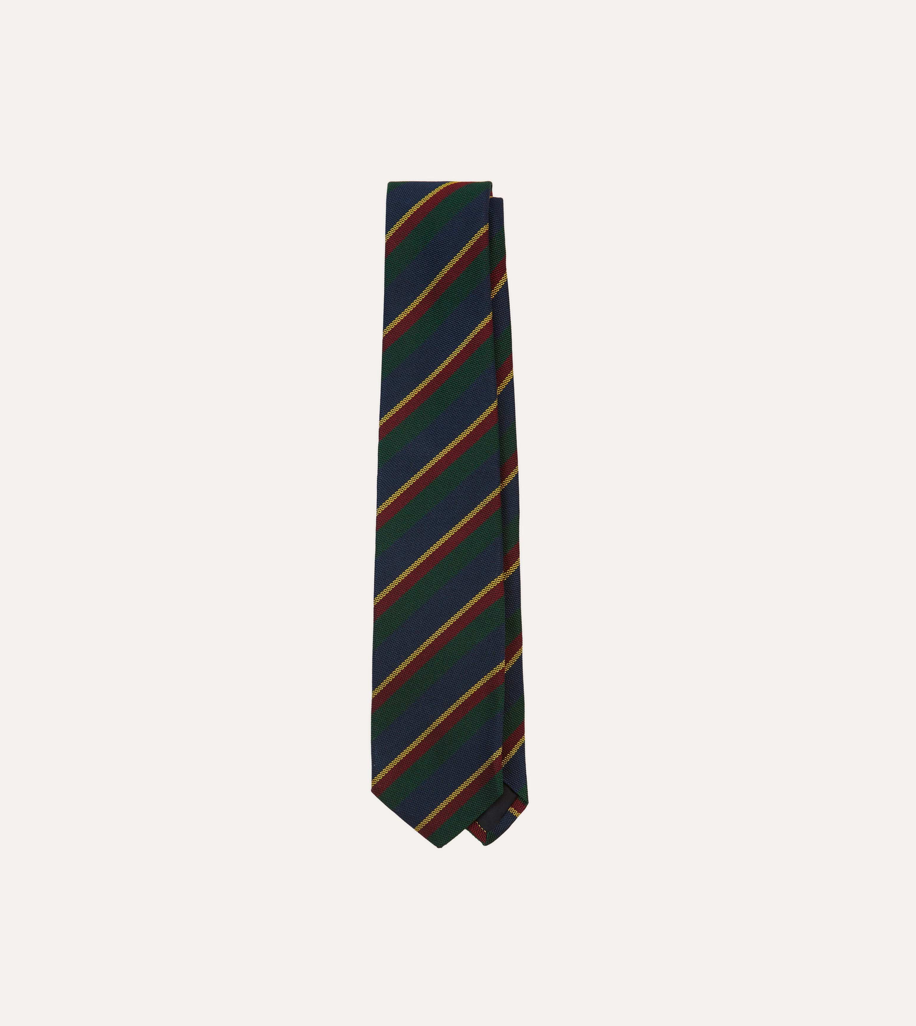 Navy, Green and Yellow Stripe Hand Rolled Silk Grenadine Tie