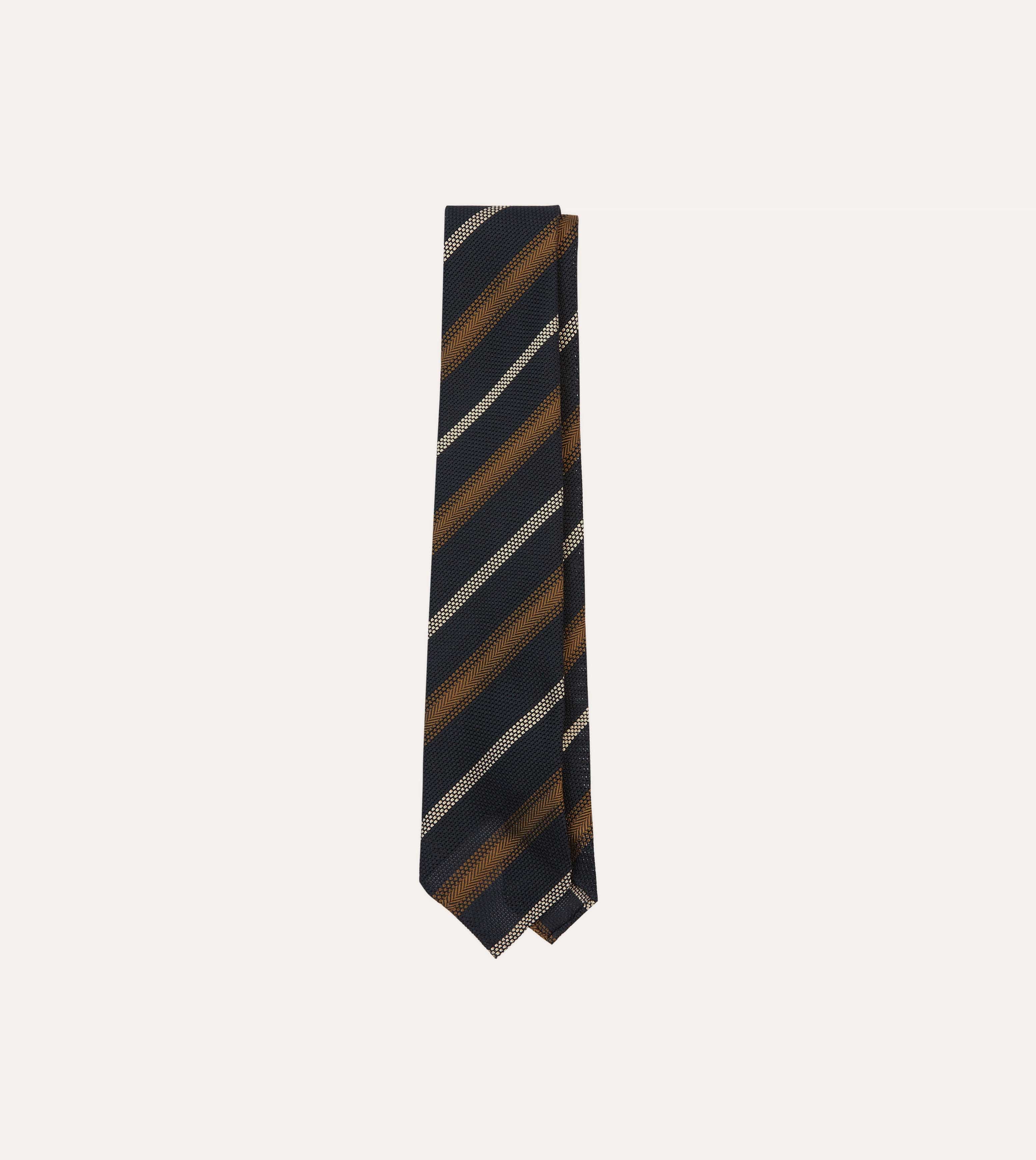 Navy, Gold and Ecru Stripe Hand Rolled Silk Grenadine Tie