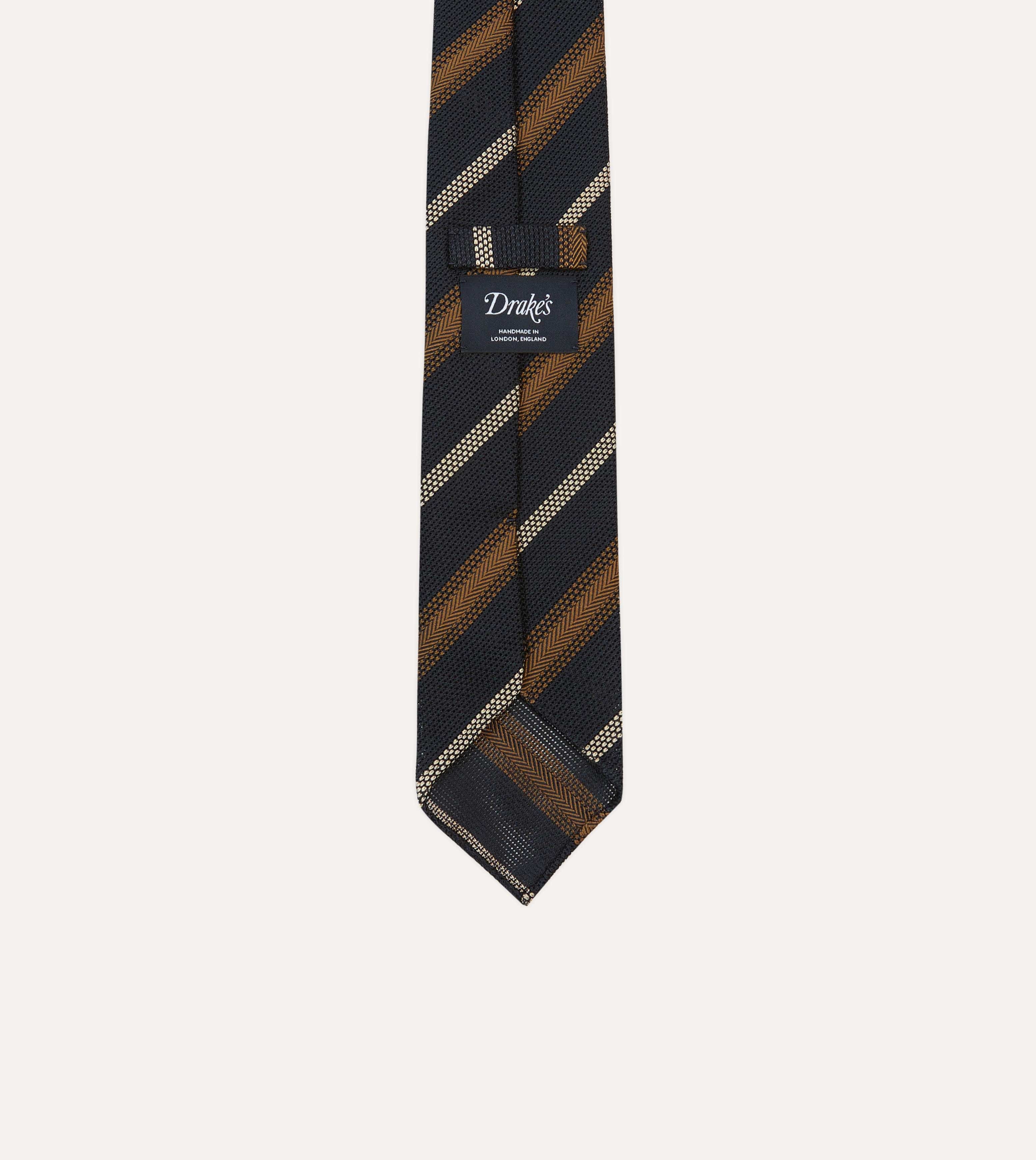 Navy, Gold and Ecru Stripe Hand Rolled Silk Grenadine Tie