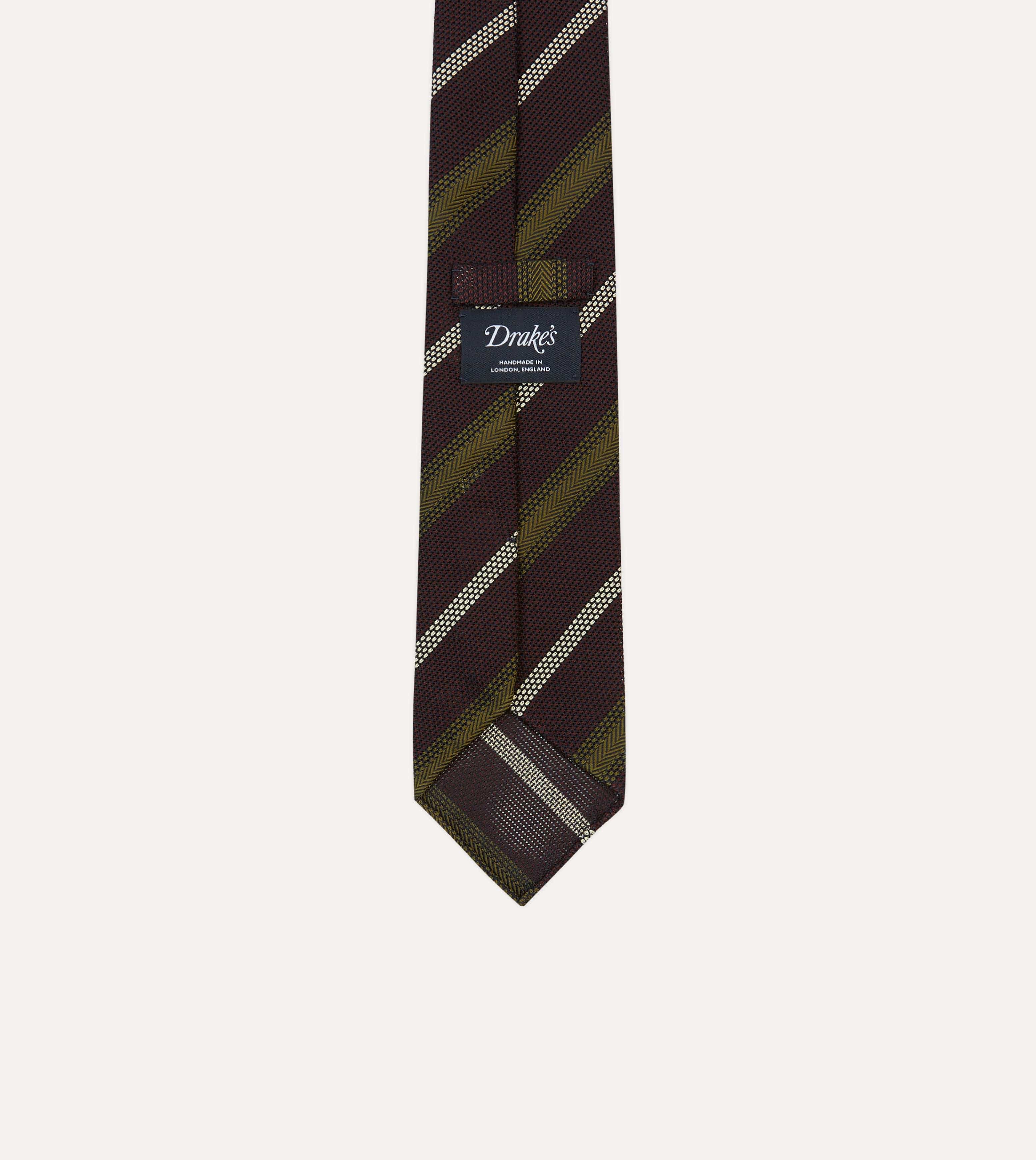 Burgundy, Olive and Ecru Stripe Hand Rolled Silk Grenadine Tie