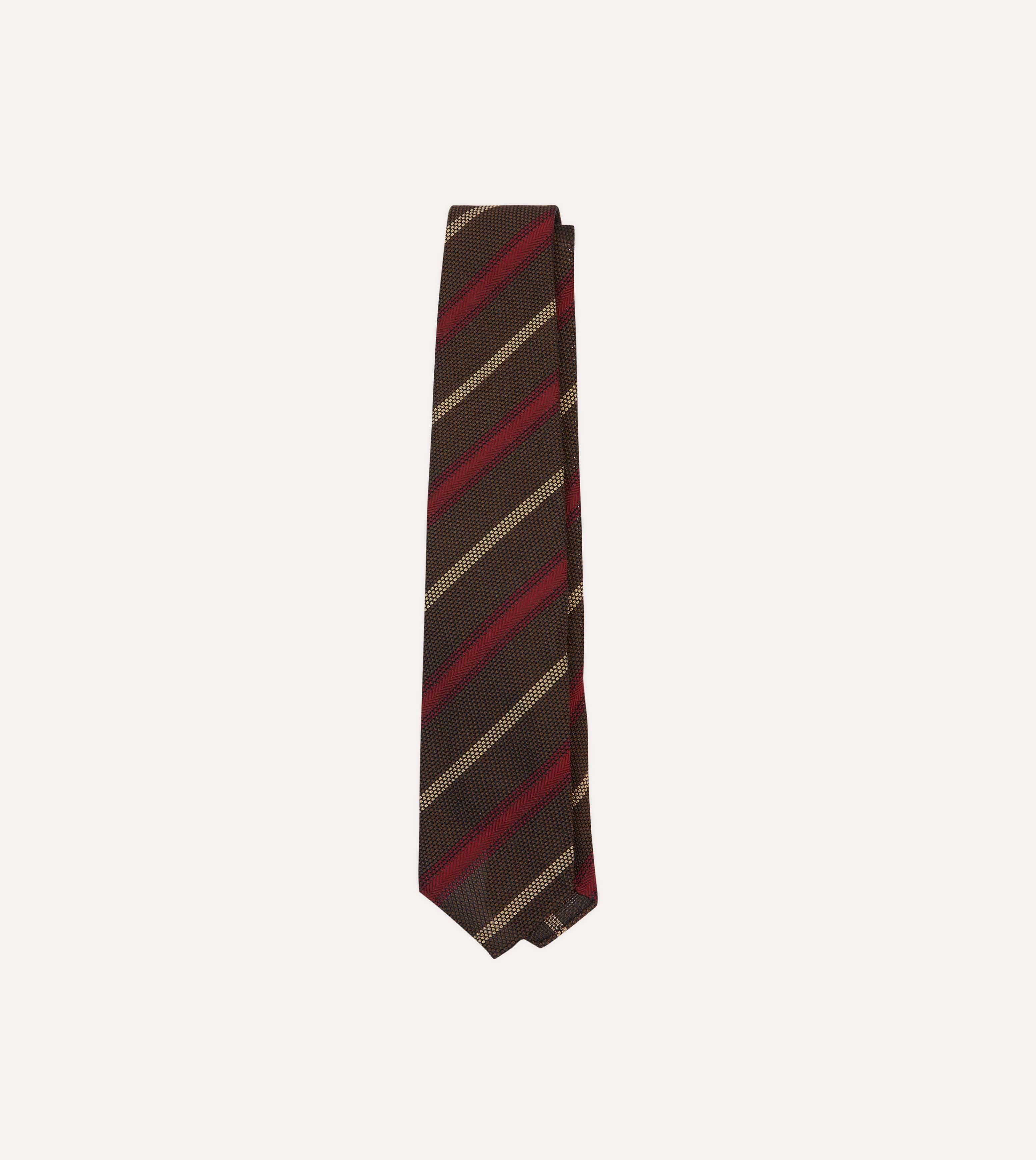 Brown, Red and Ecru Stripe Hand Rolled Silk Grenadine Tie