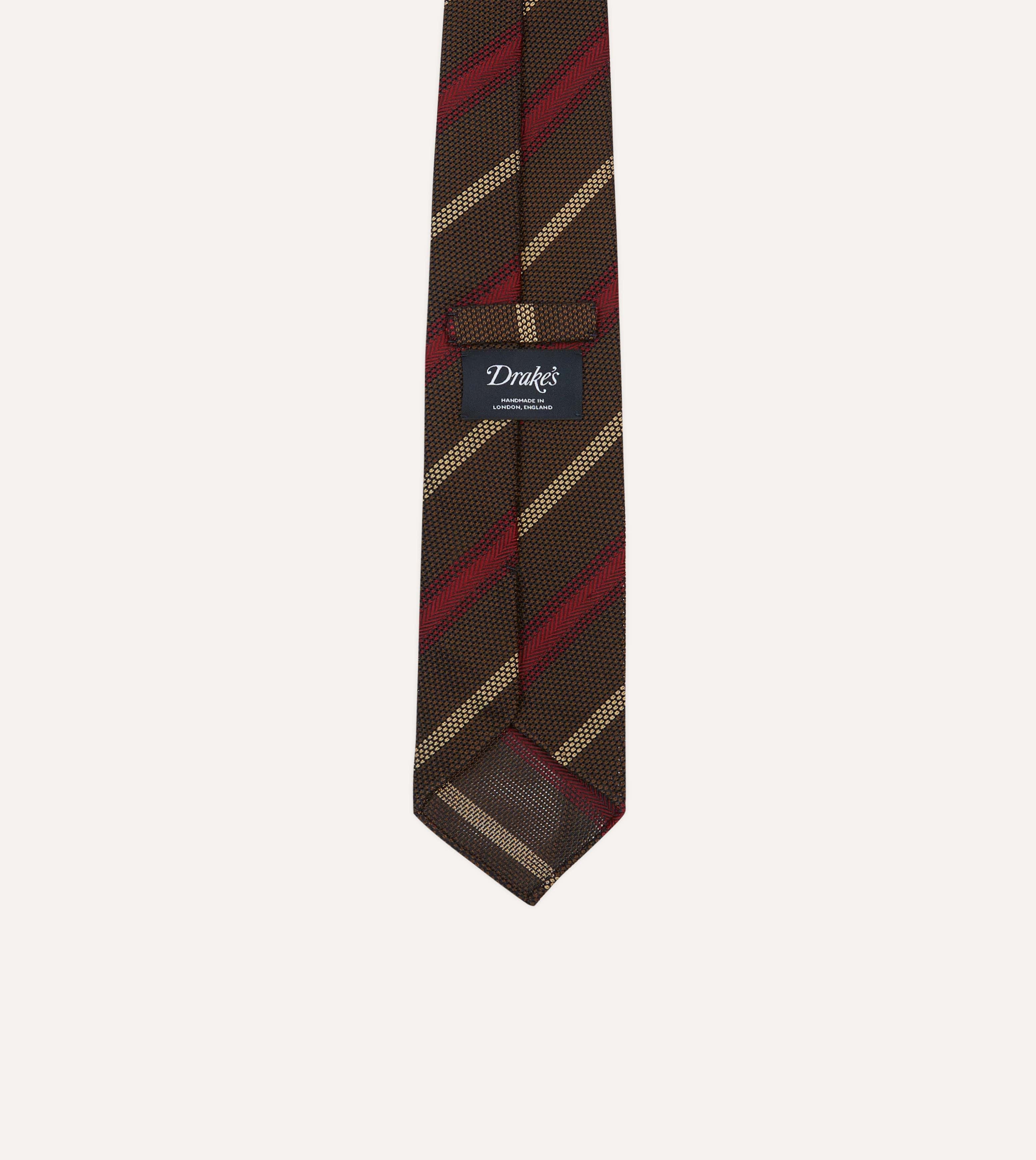 Brown, Red and Ecru Stripe Hand Rolled Silk Grenadine Tie