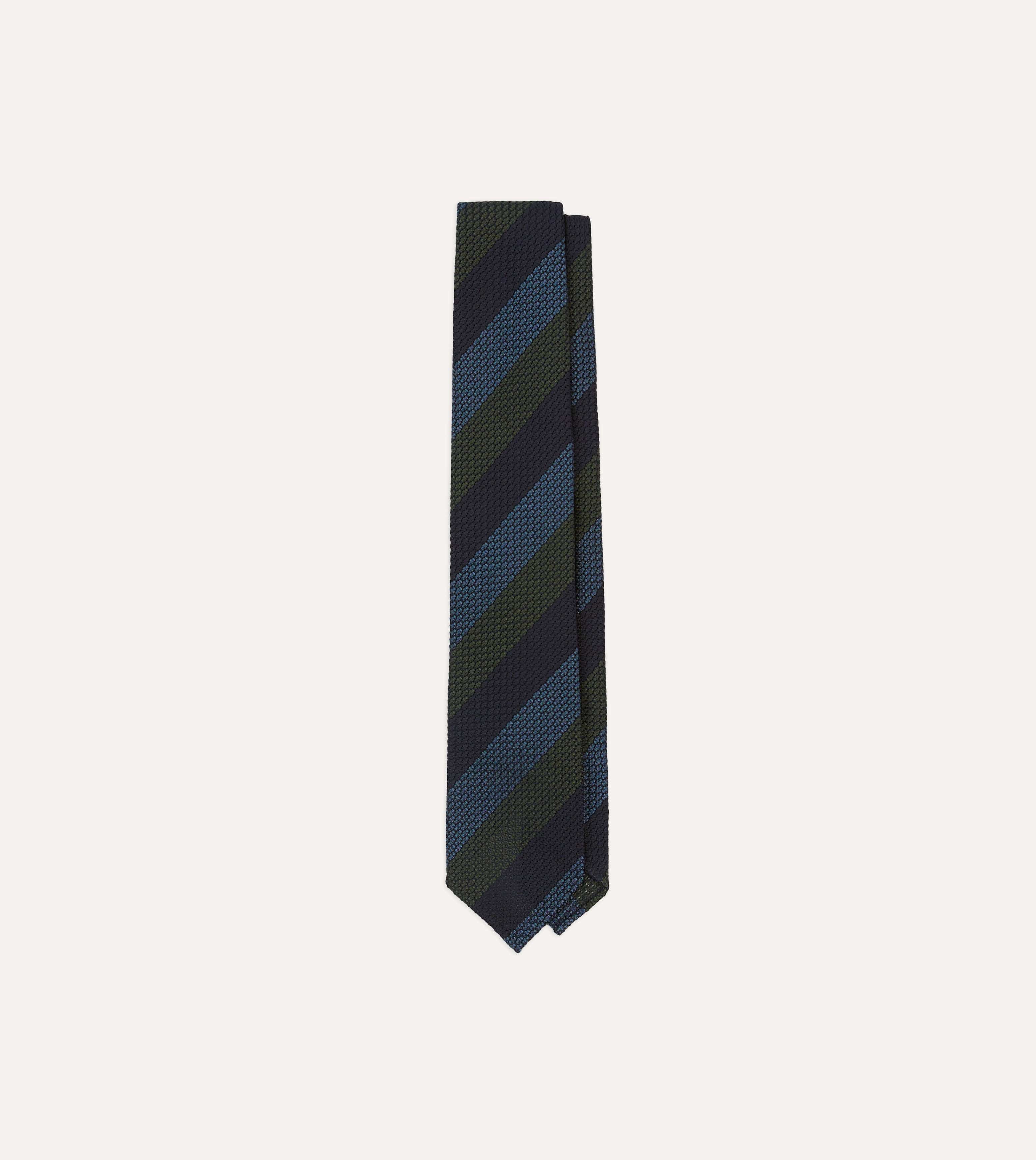 Navy, Green and Blue Block Stripe Hand Rolled Silk Grenadine Tie