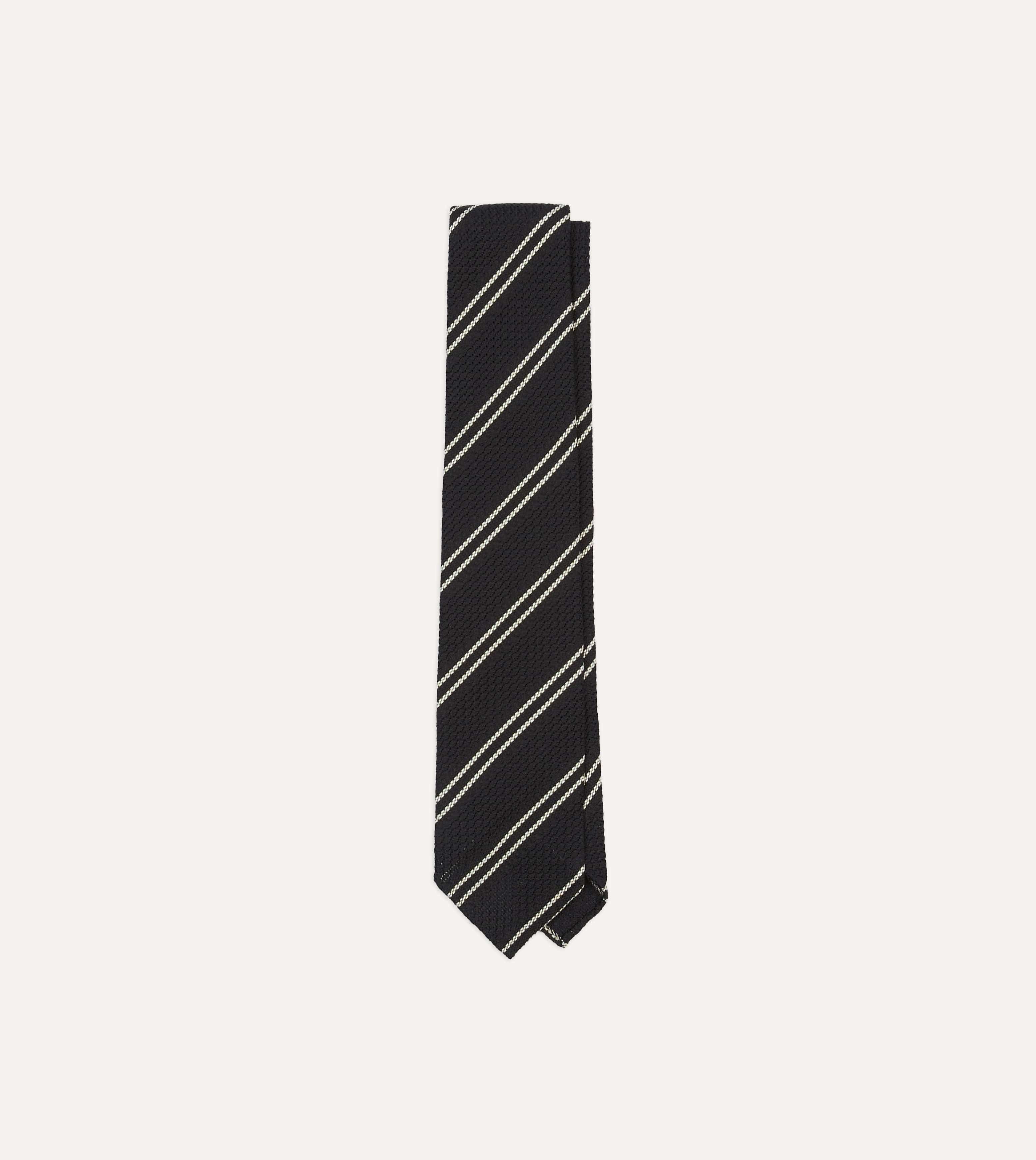 Navy Double Stripe Hand Rolled Silk Grenadine Tie