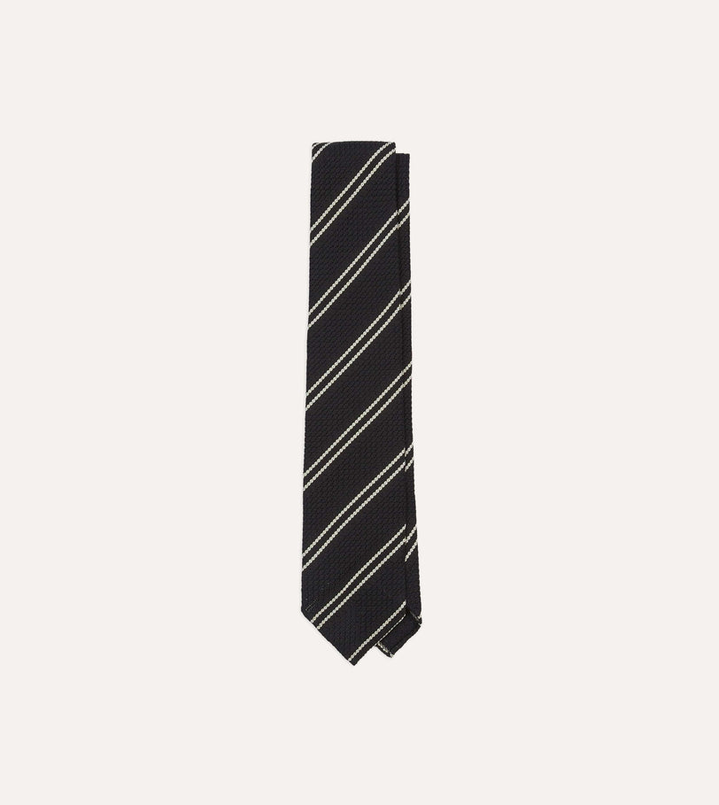 Navy Double Stripe Hand Rolled Silk Grenadine Tie
