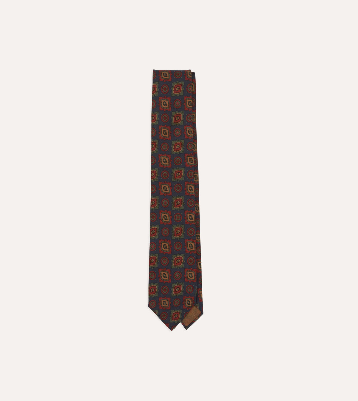 Navy Paisley Medallion Print Wool-Silk Hand Rolled Tie