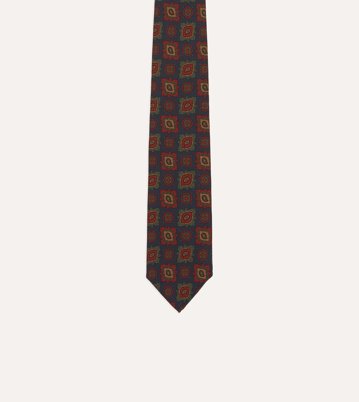 Navy Paisley Medallion Print Wool-Silk Hand Rolled Tie