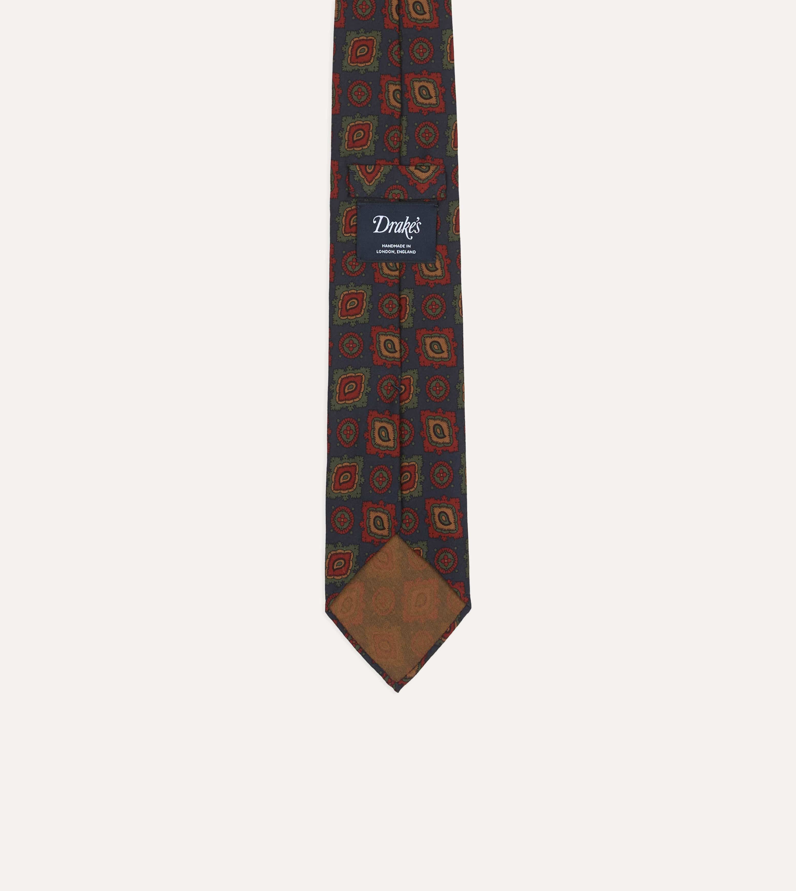Navy Paisley Medallion Print Wool-Silk Hand Rolled Tie