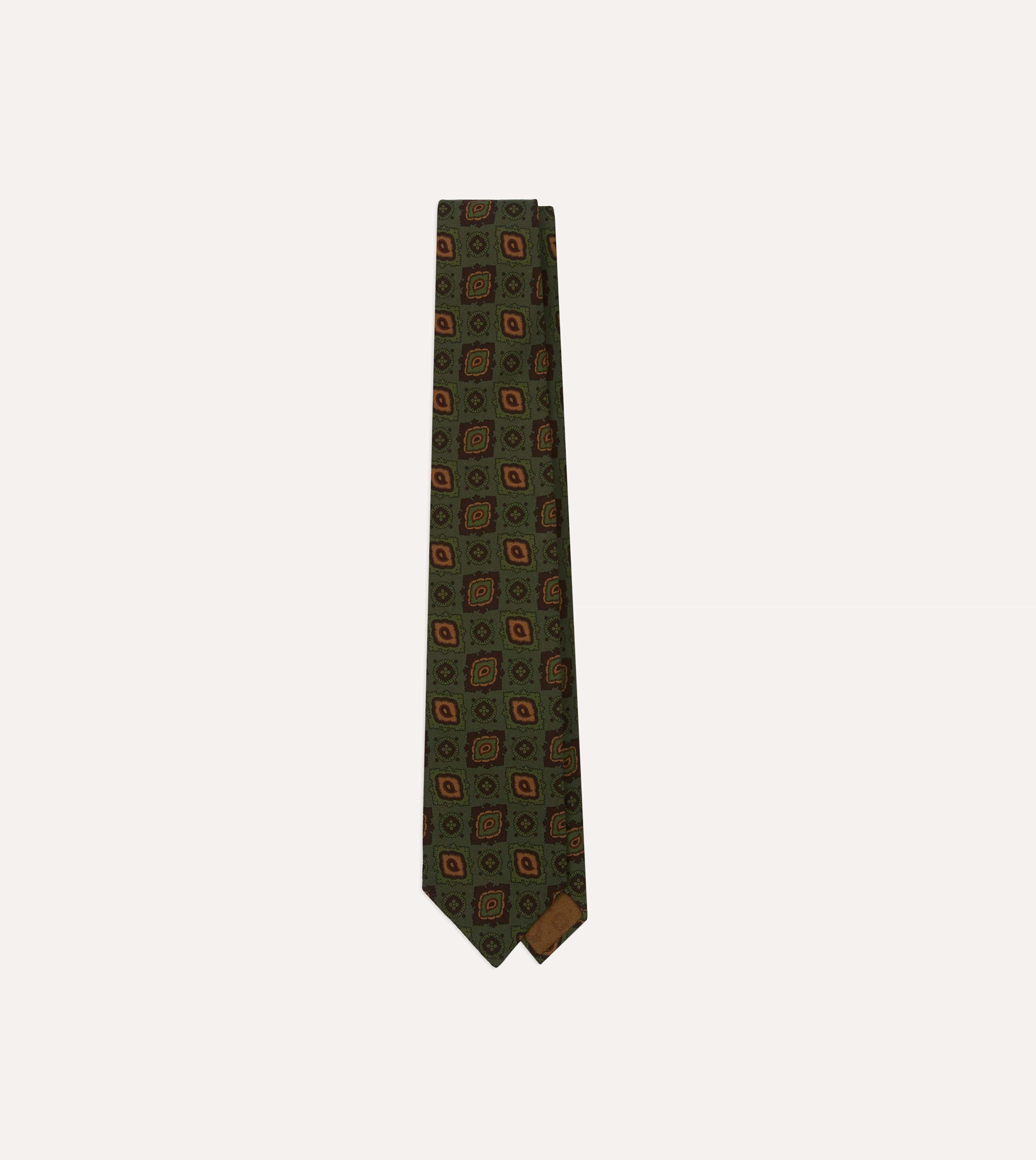 Green Paisley Medallion Print Wool-Silk Hand Rolled Tie