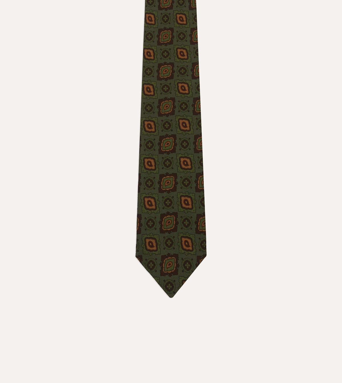 Green Paisley Medallion Print Wool-Silk Hand Rolled Tie