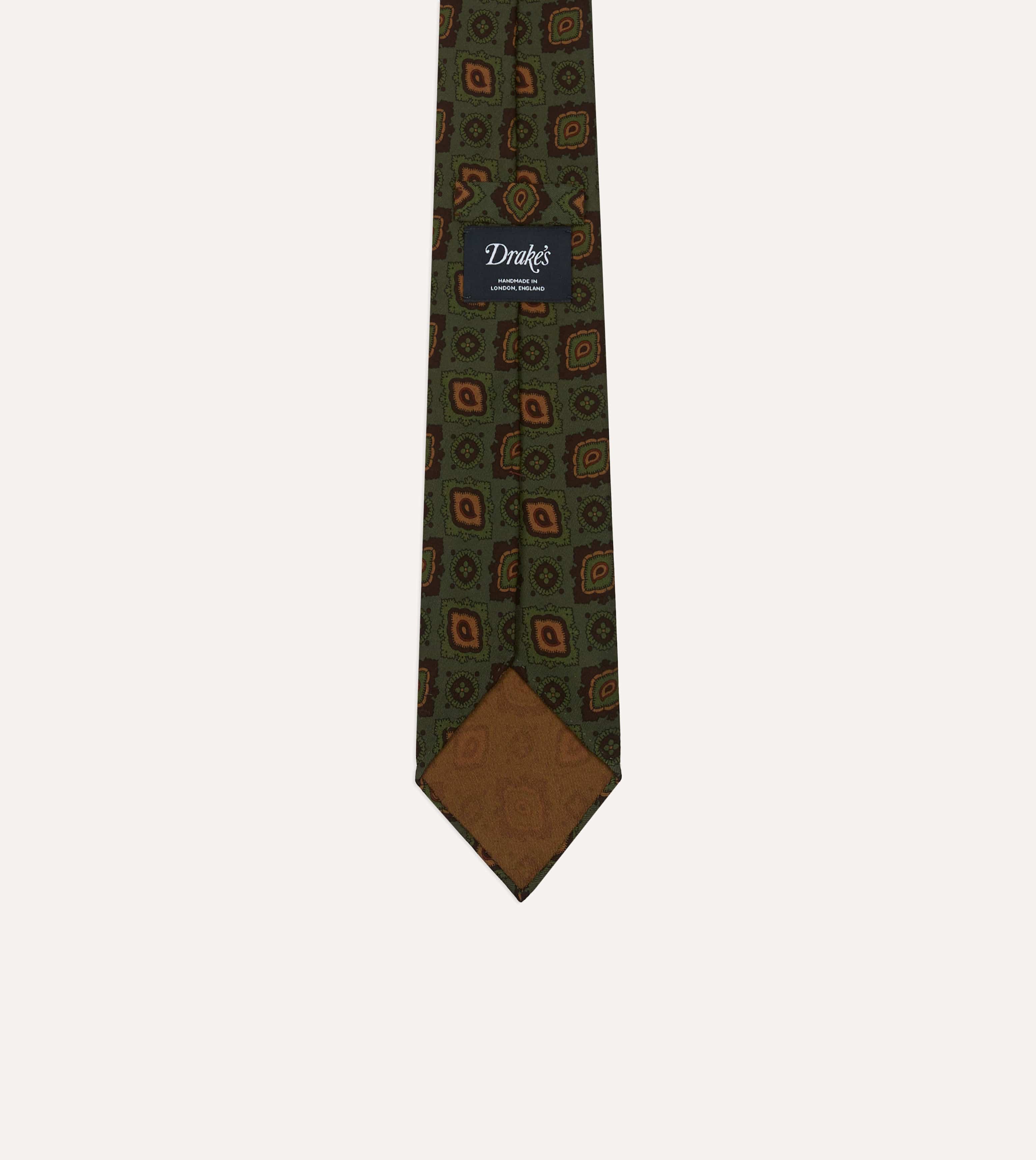 Green Paisley Medallion Print Wool-Silk Hand Rolled Tie