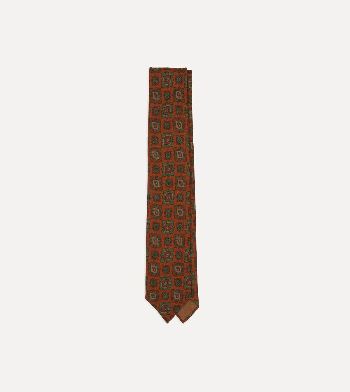 Orange Paisley Medallion Print Wool-Silk Hand Rolled Tie