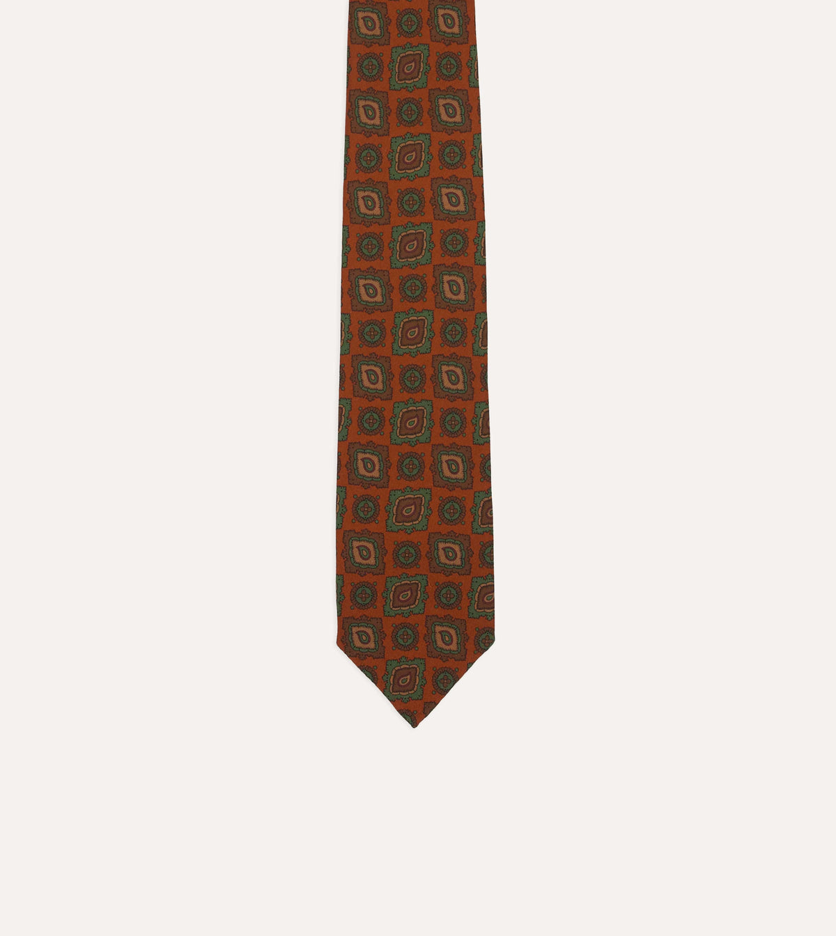 Orange Paisley Medallion Print Wool-Silk Hand Rolled Tie