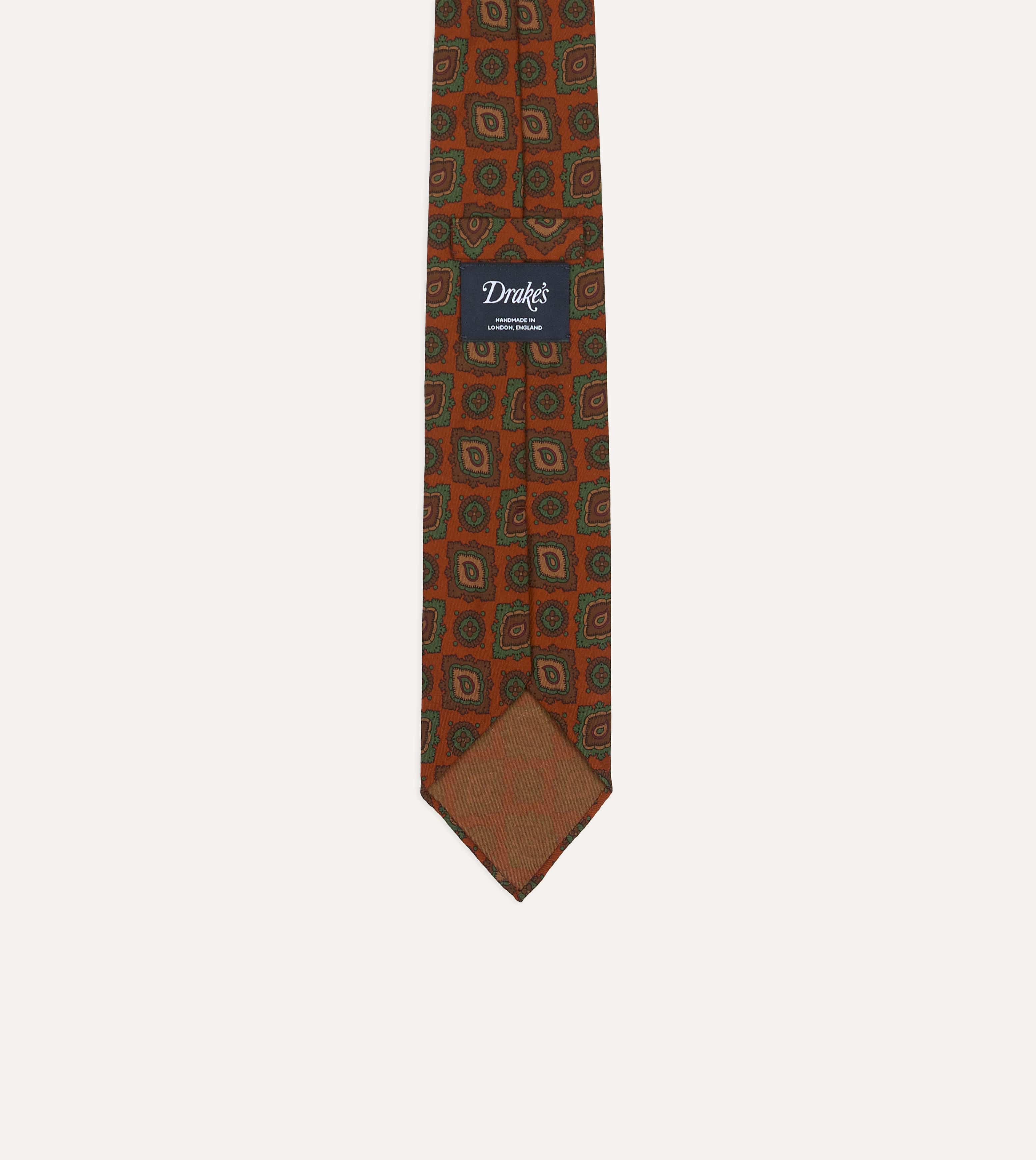 Orange Paisley Medallion Print Wool-Silk Hand Rolled Tie