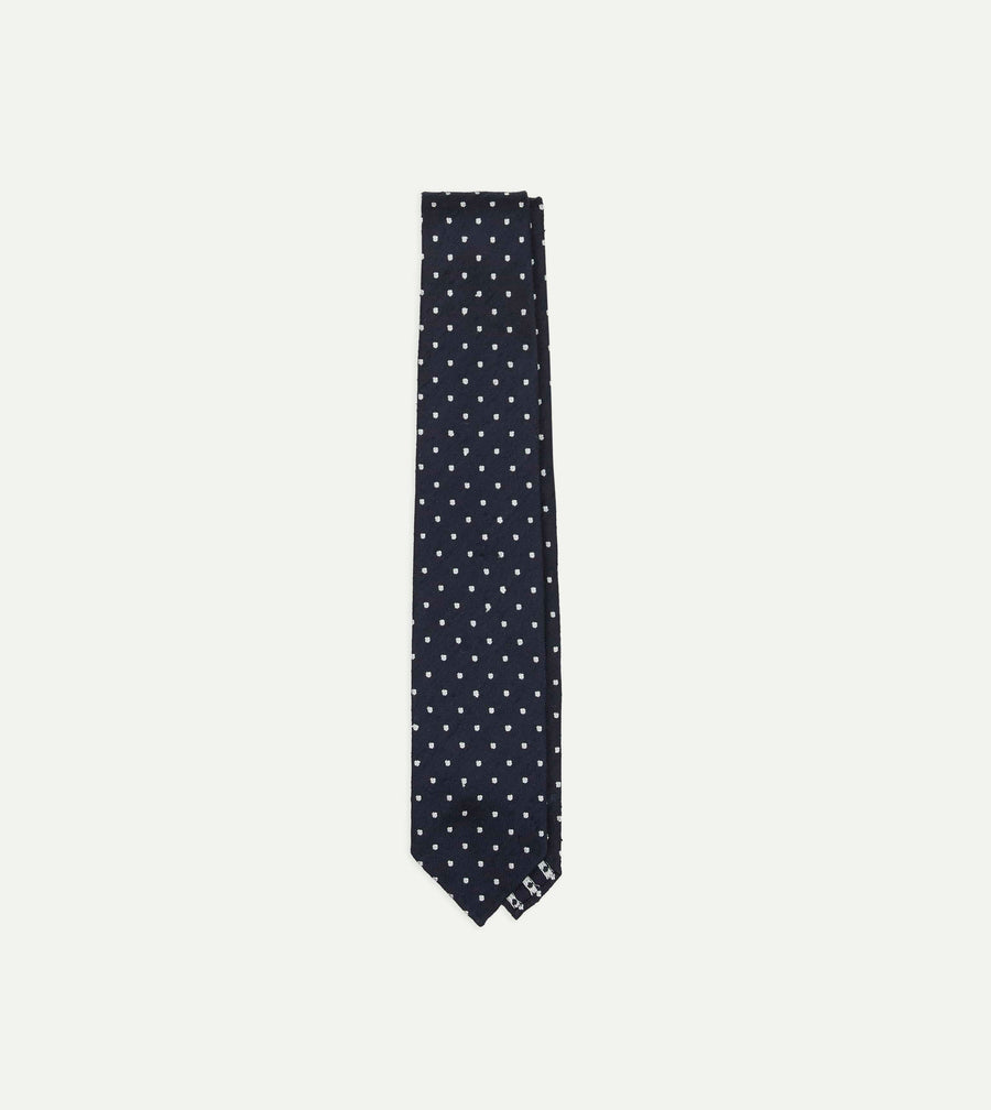 Navy Dots Shantung Silk Hand-Rolled Tie