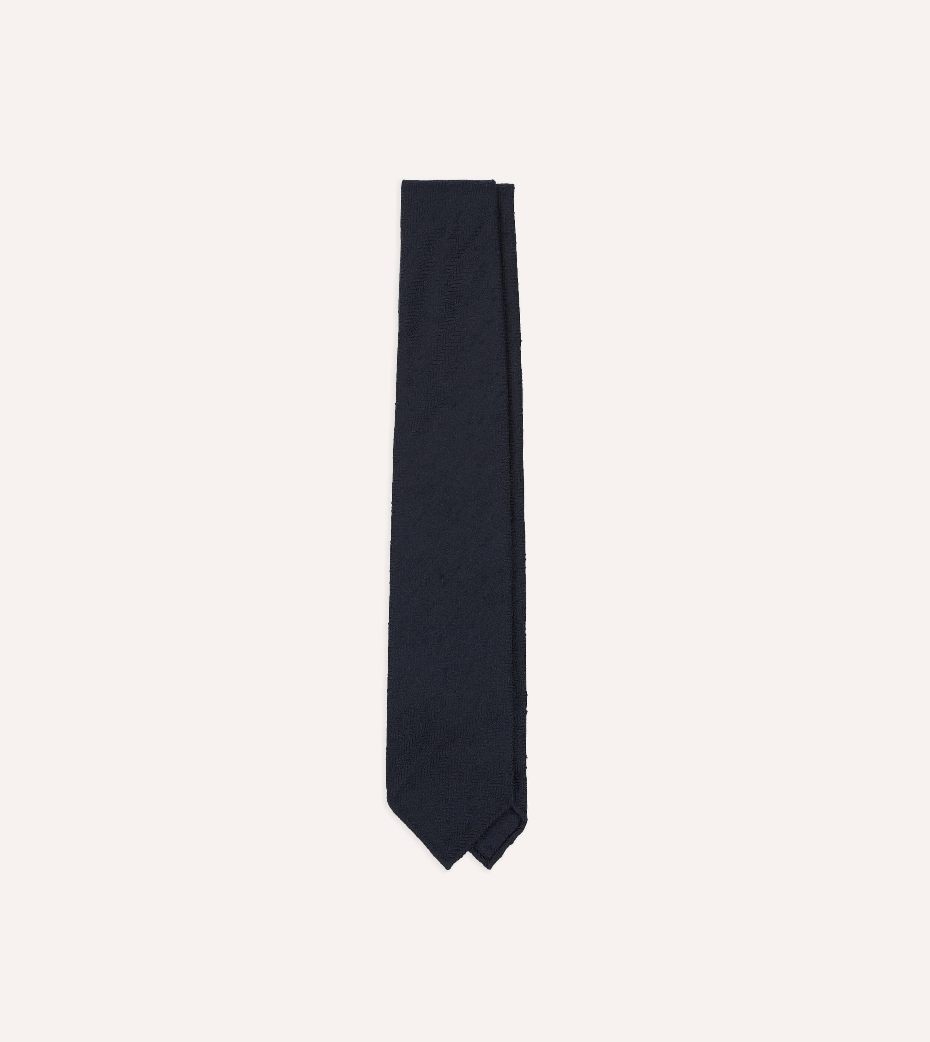Navy Herringbone Shantung Silk Hand-Rolled Tie