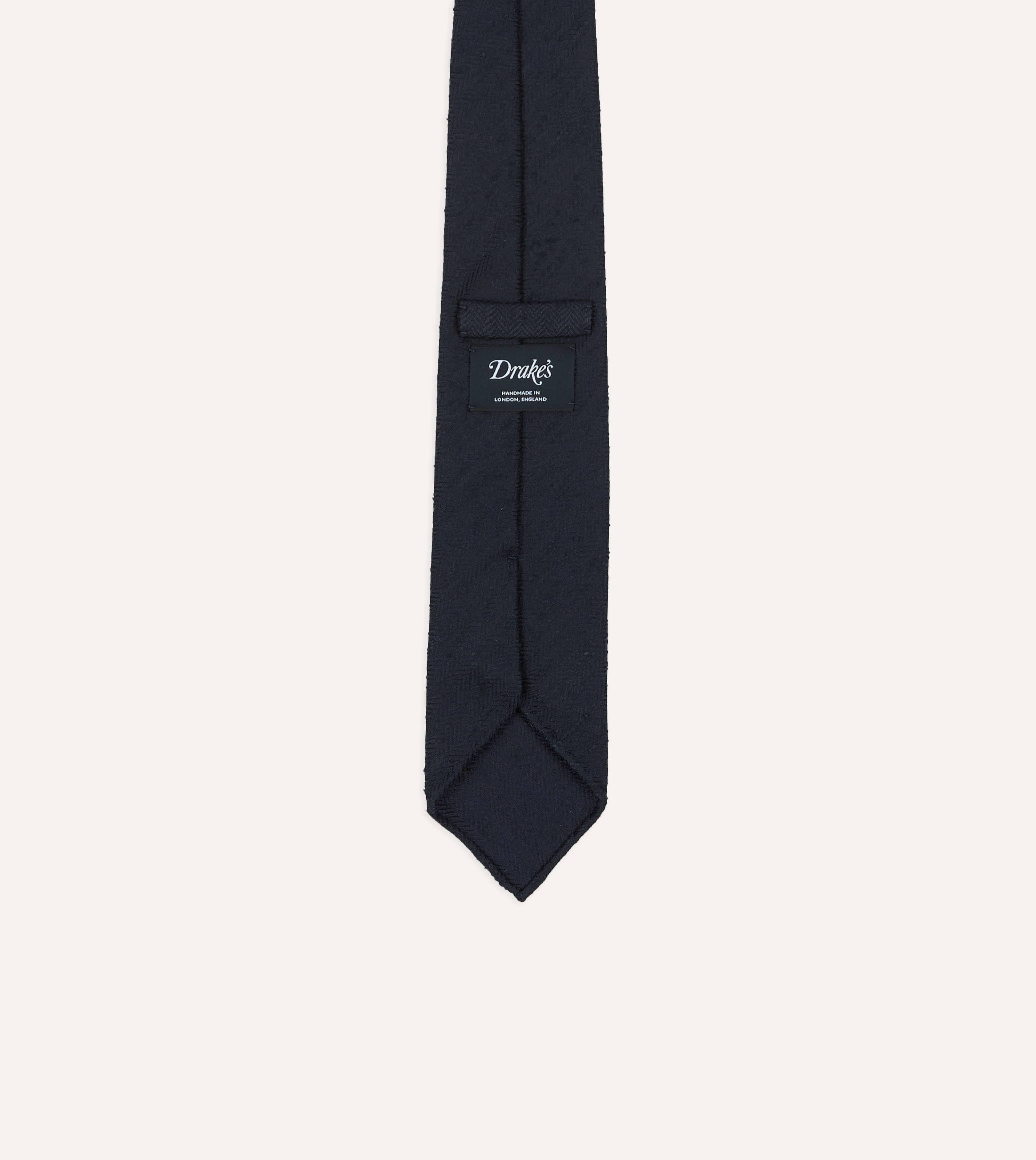 Navy Herringbone Shantung Silk Hand-Rolled Tie