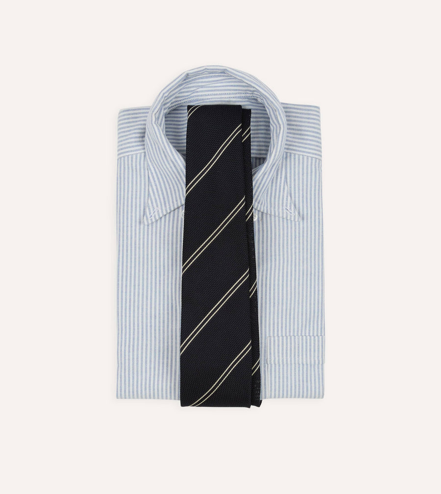 Navy and Ecru Bar Stripe Hand Rolled Silk Grenadine Tie