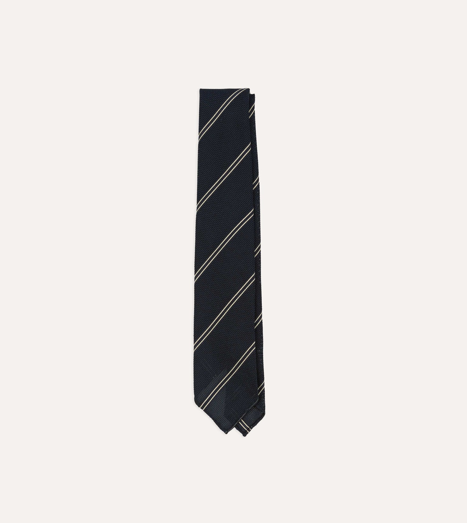 Navy and Ecru Bar Stripe Hand Rolled Silk Grenadine Tie