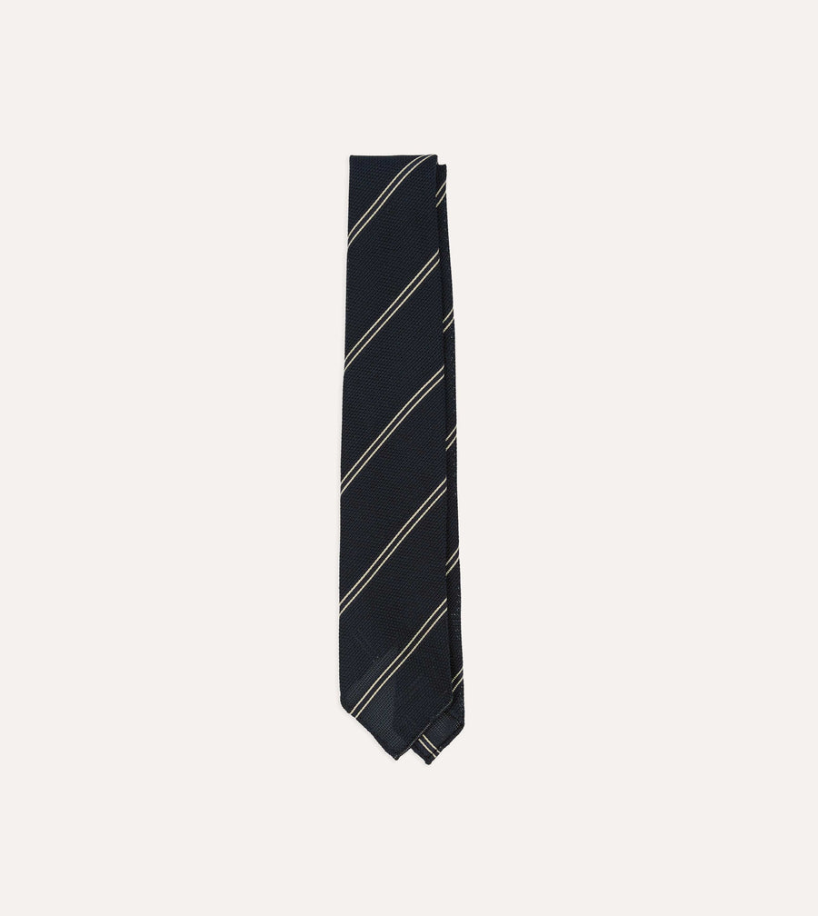 Navy and Ecru Bar Stripe Hand Rolled Silk Grenadine Tie