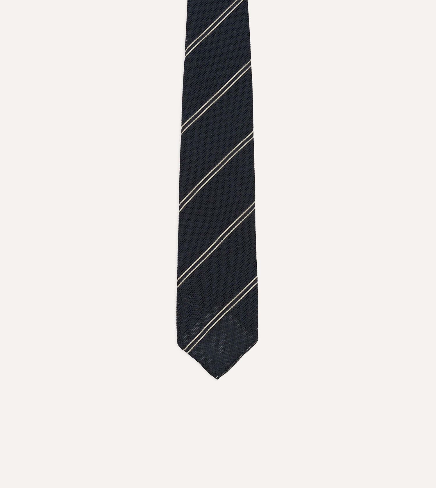 Navy and Ecru Bar Stripe Hand Rolled Silk Grenadine Tie