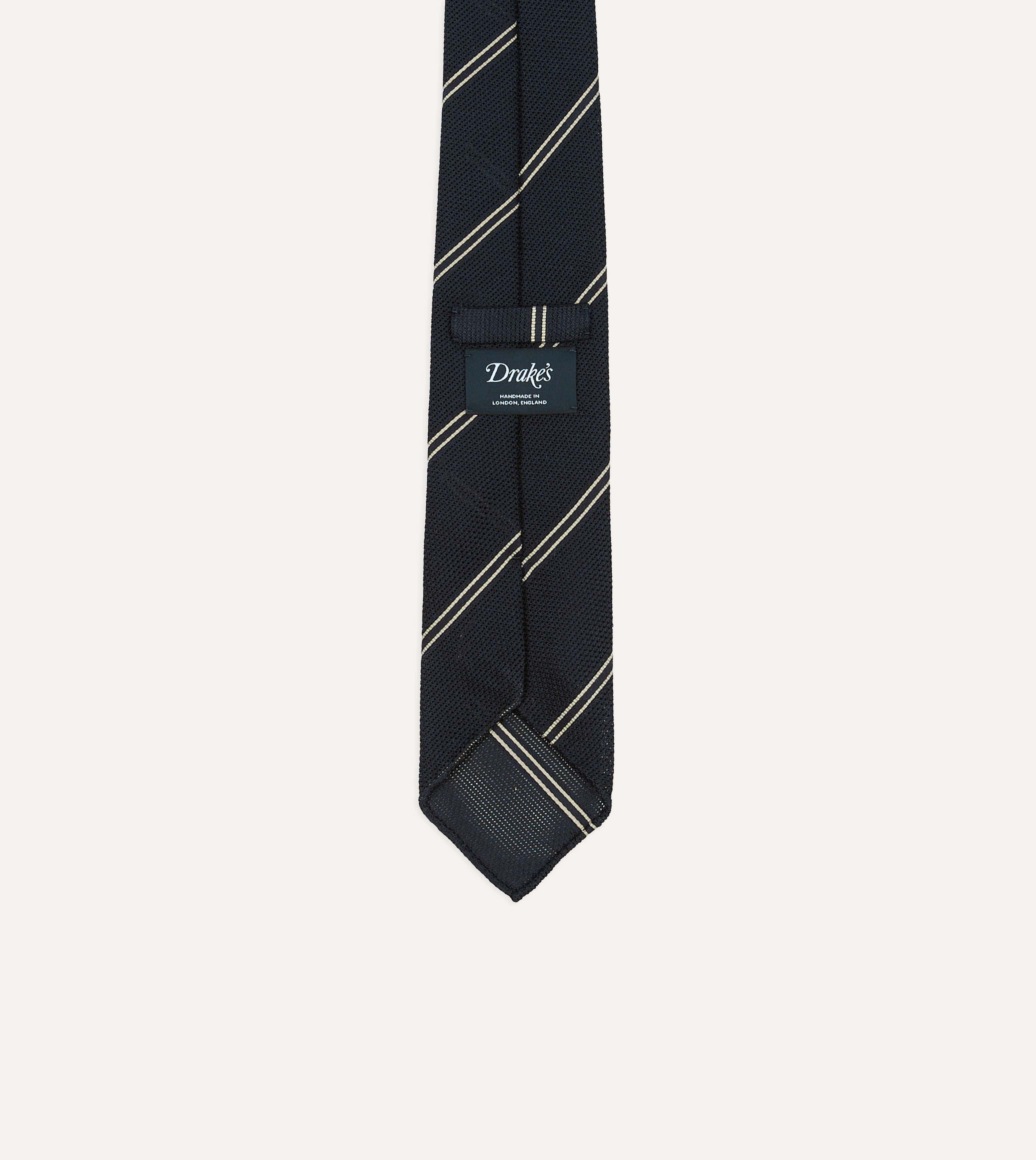 Navy and Ecru Bar Stripe Hand Rolled Silk Grenadine Tie