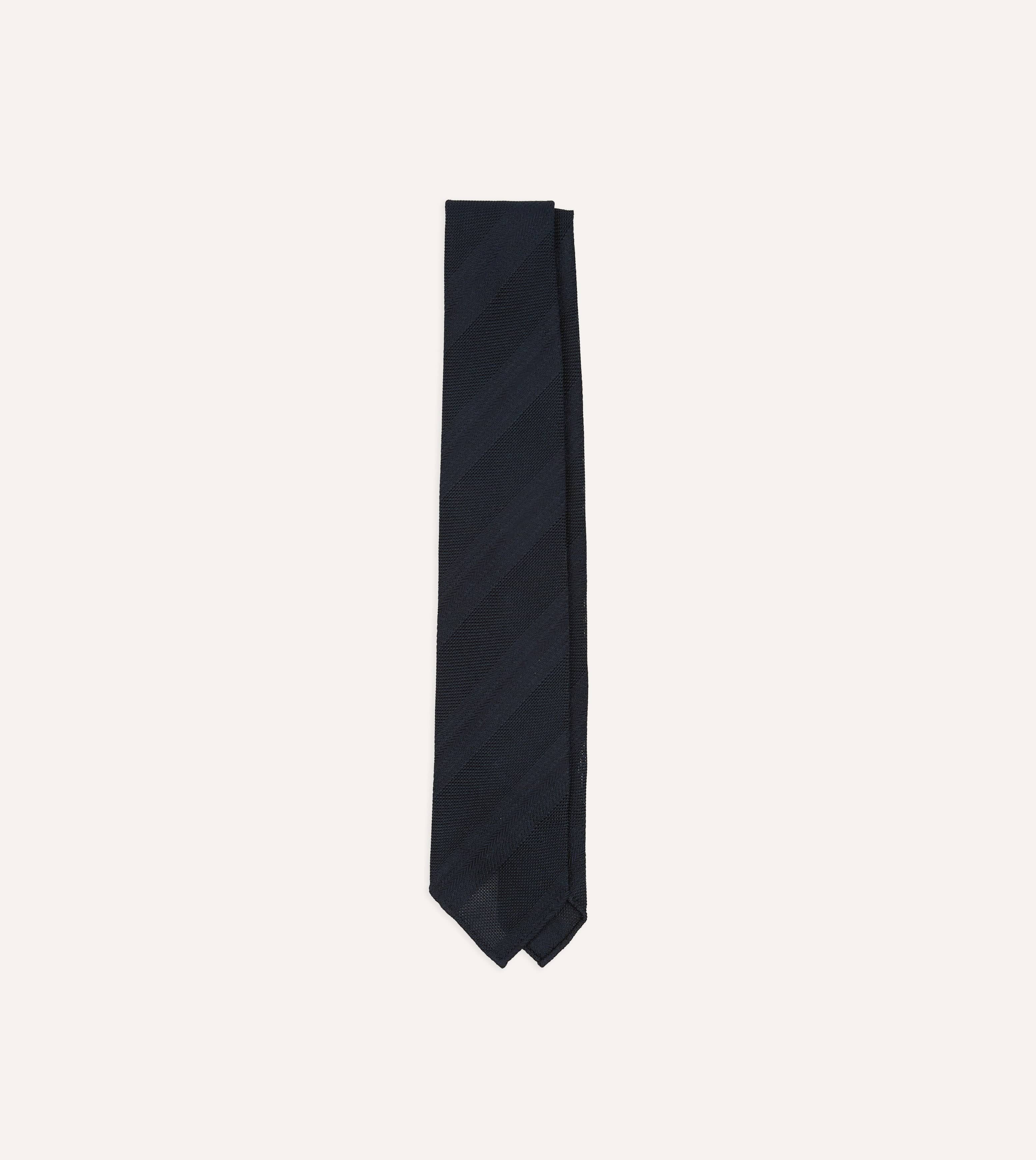 Navy Textured Stripe Hand Rolled Silk Grenadine Tie
