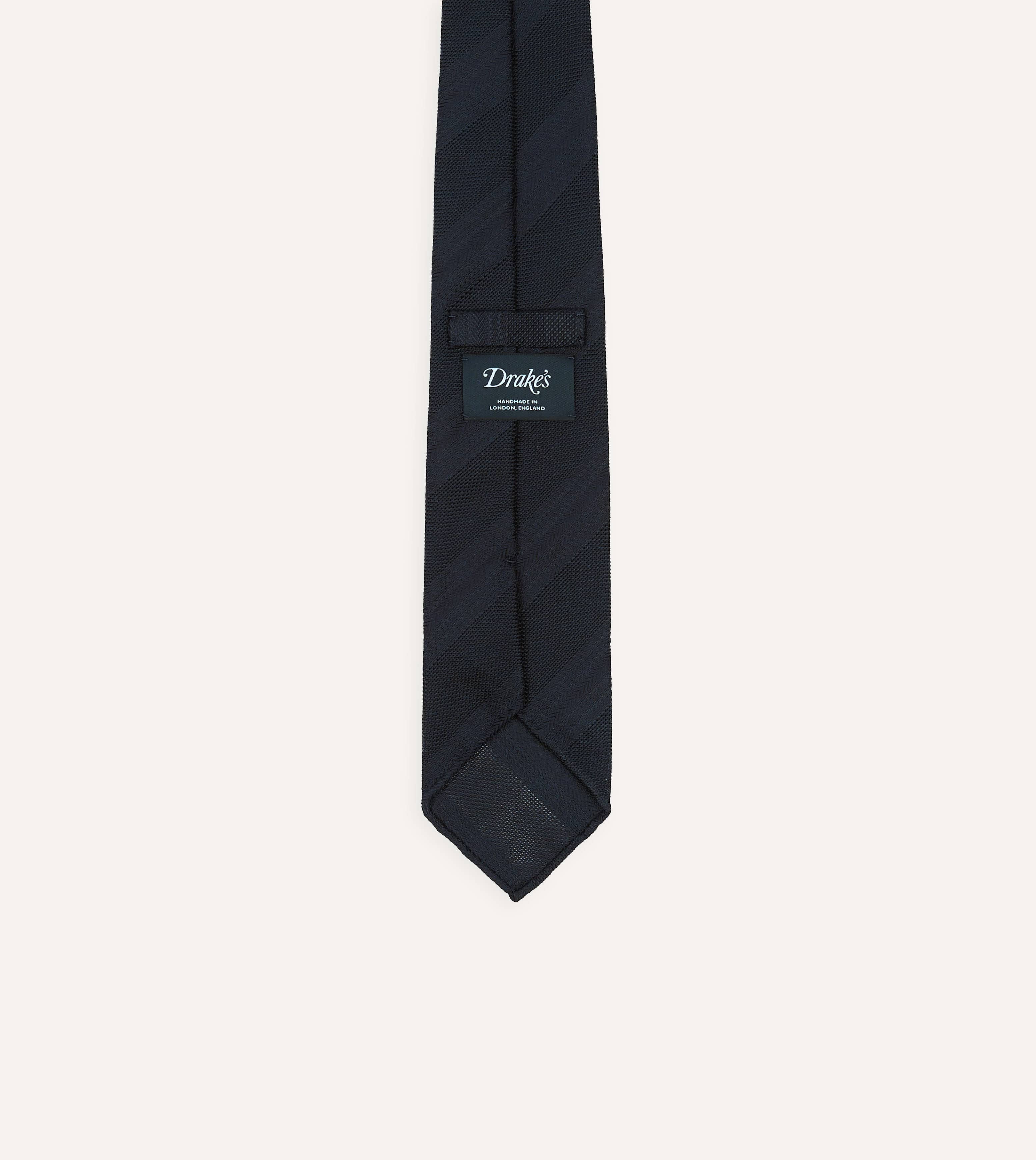Navy Textured Stripe Hand Rolled Silk Grenadine Tie