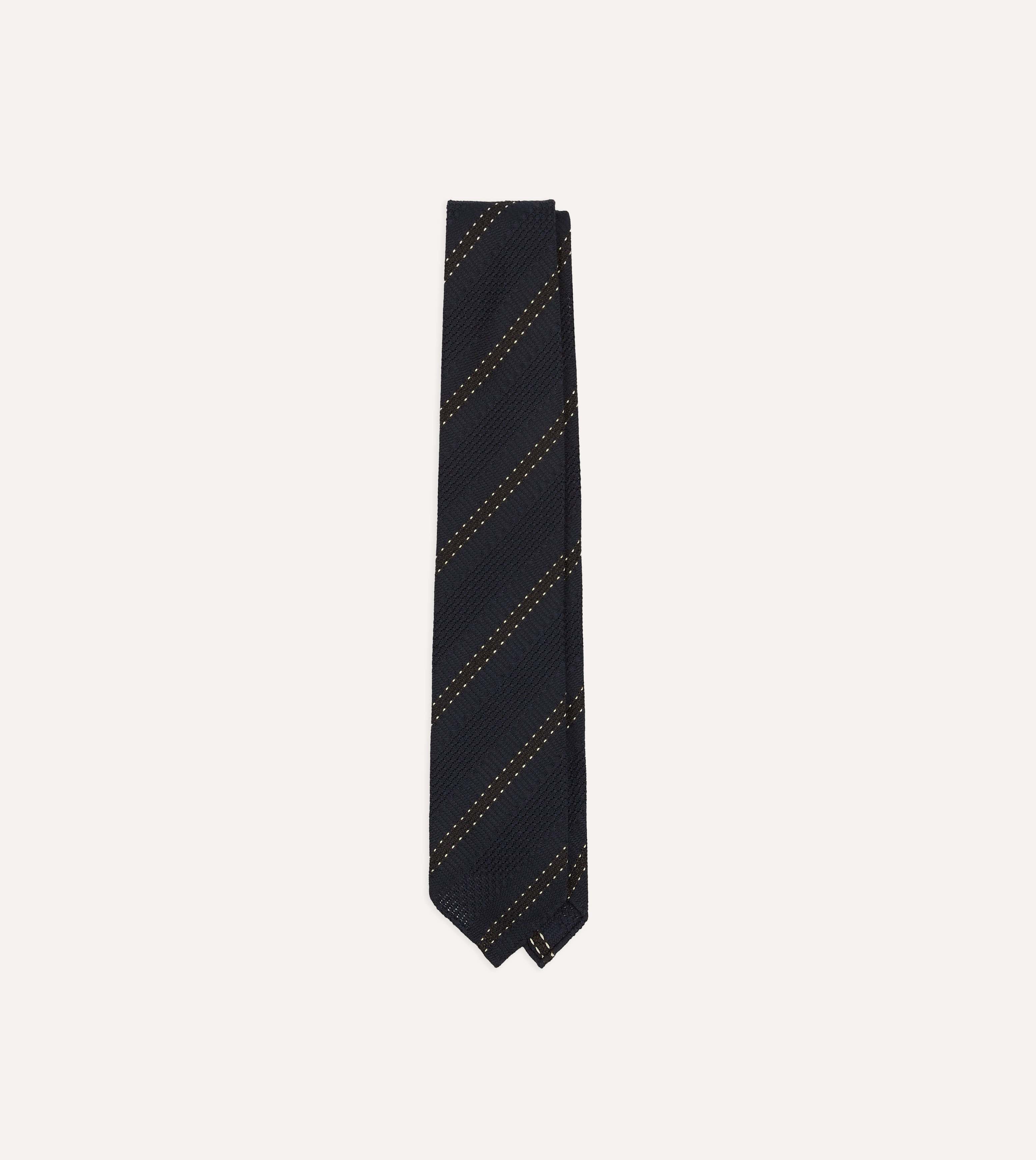 Navy and Brown Stitch Stripe Hand Rolled Silk Grenadine Tie
