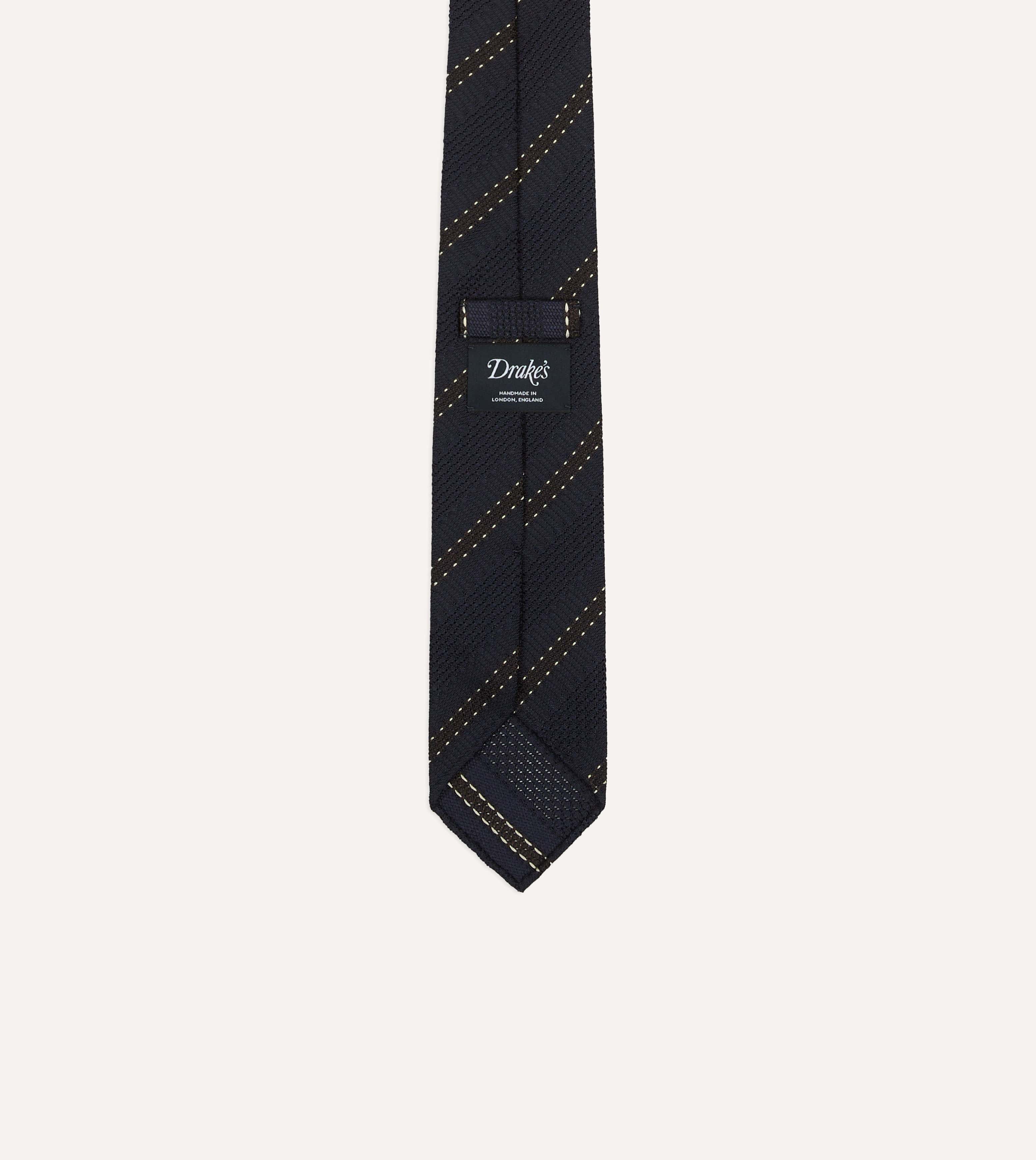 Navy and Brown Stitch Stripe Hand Rolled Silk Grenadine Tie – Drakes