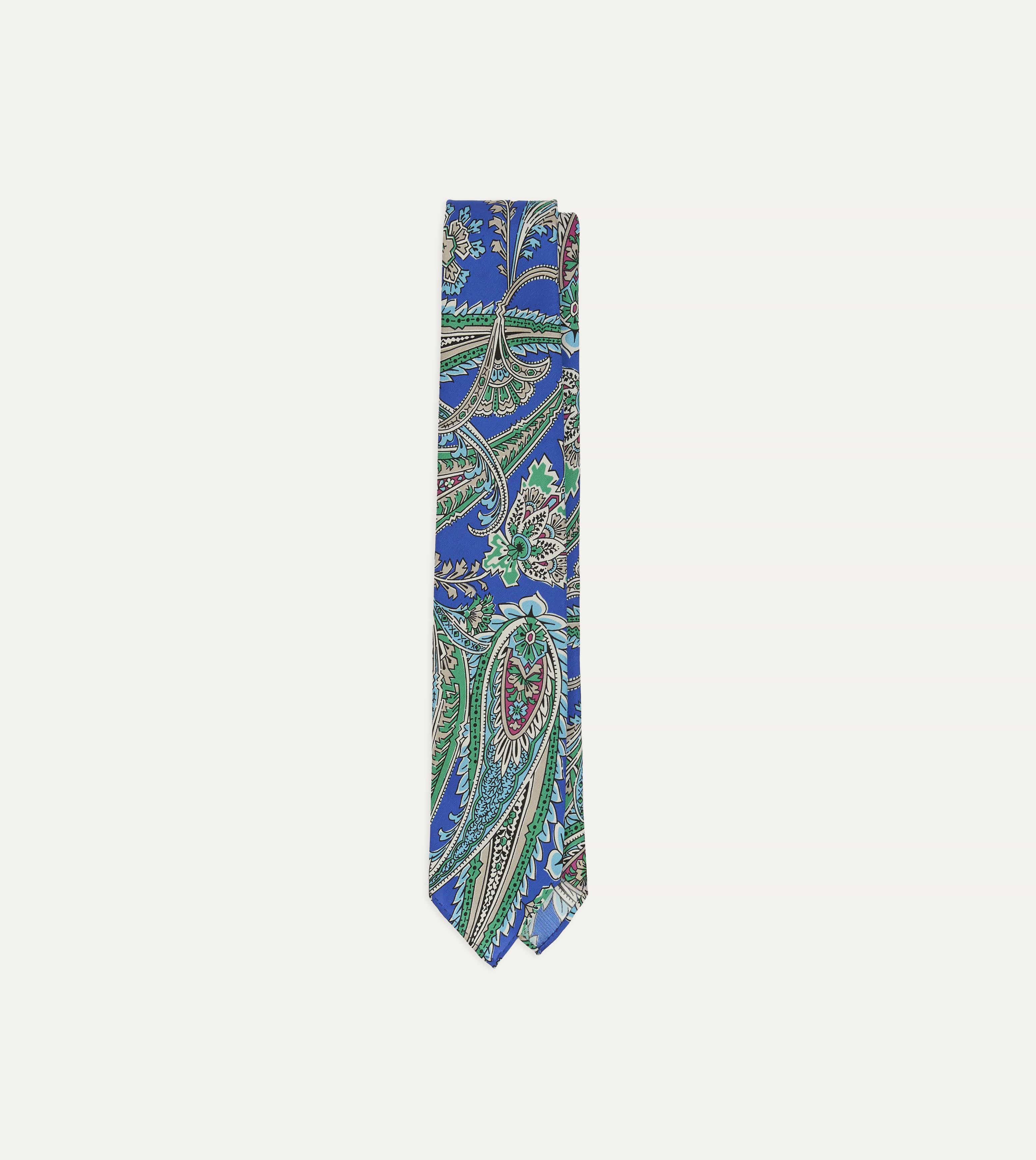 Blue Nouveau Leaves Shantung Silk Hand-Rolled Tie