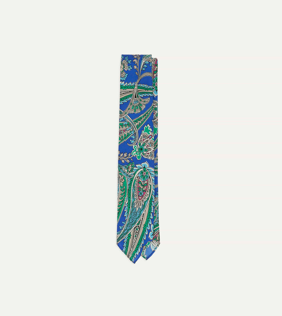 Blue Nouveau Leaves Shantung Silk Hand-Rolled Tie