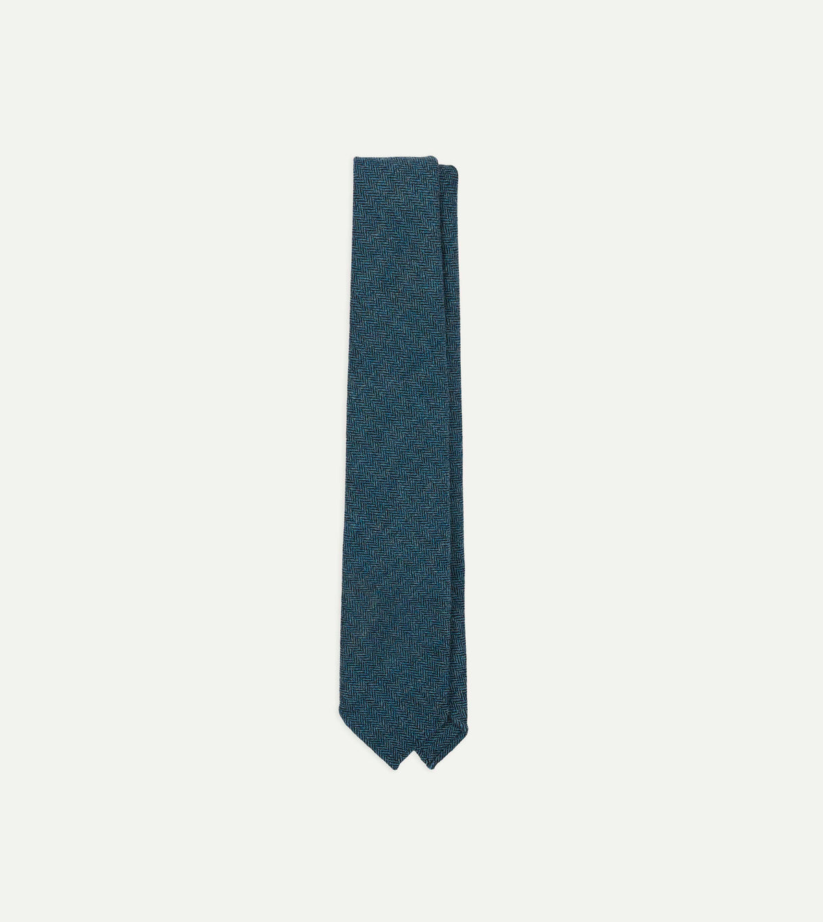 Blue Herringbone Shetland Wool Hand Rolled Tie