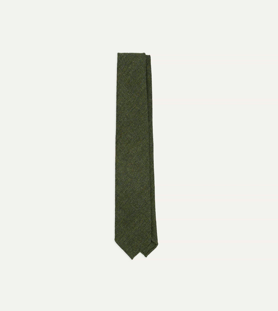 Green Herringbone Shetland Wool Hand Rolled Tie