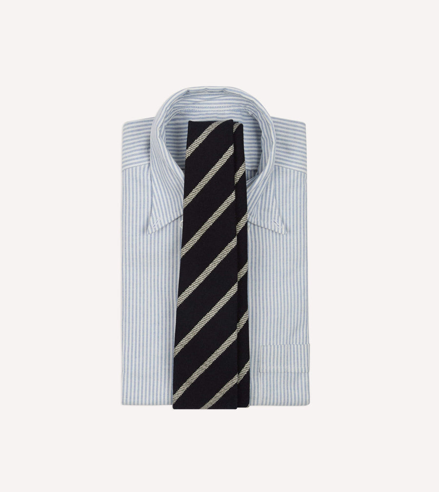 Navy and White Line Stripe Hand Rolled Wool Tie