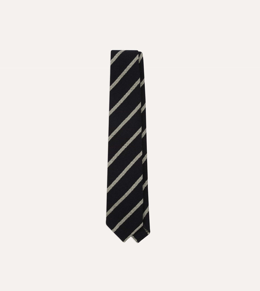 Navy and White Line Stripe Hand Rolled Wool Tie