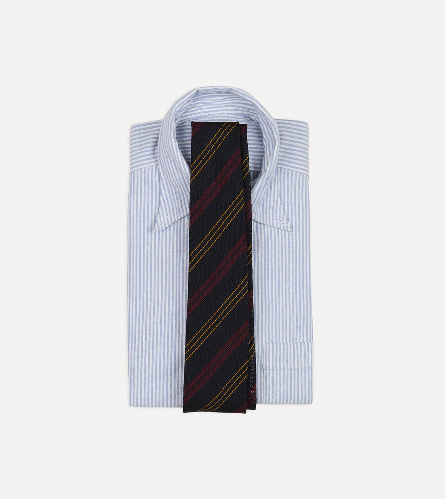 Navy, Red and Yellow Stripe Grenadine Hand Rolled Wool-Silk Tie
