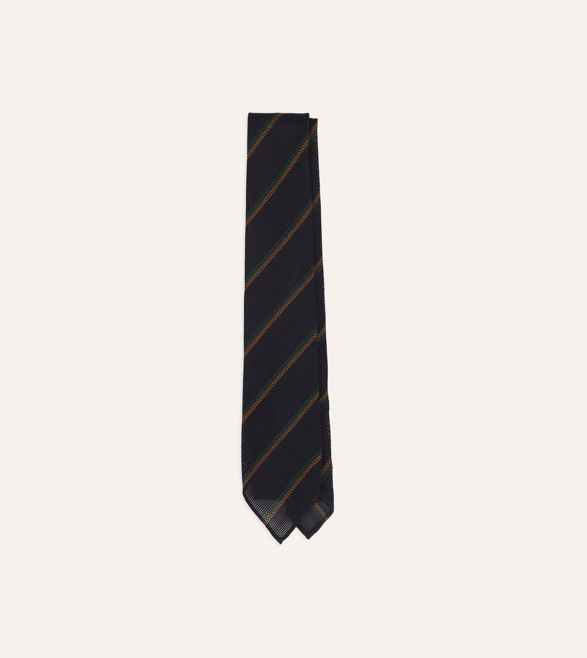 Navy, Green and Brown Stripe Grenadine Hand Rolled Wool-Silk Tie