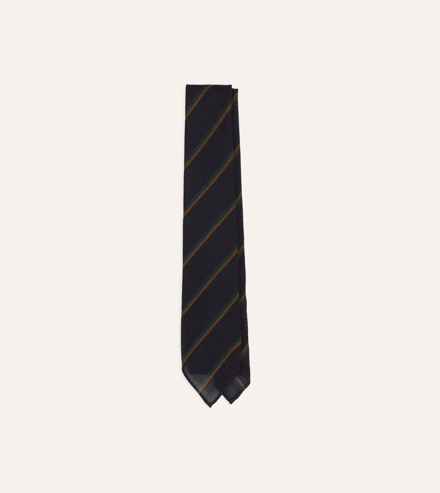 Navy, Green and Brown Stripe Grenadine Hand Rolled Wool-Silk Tie
