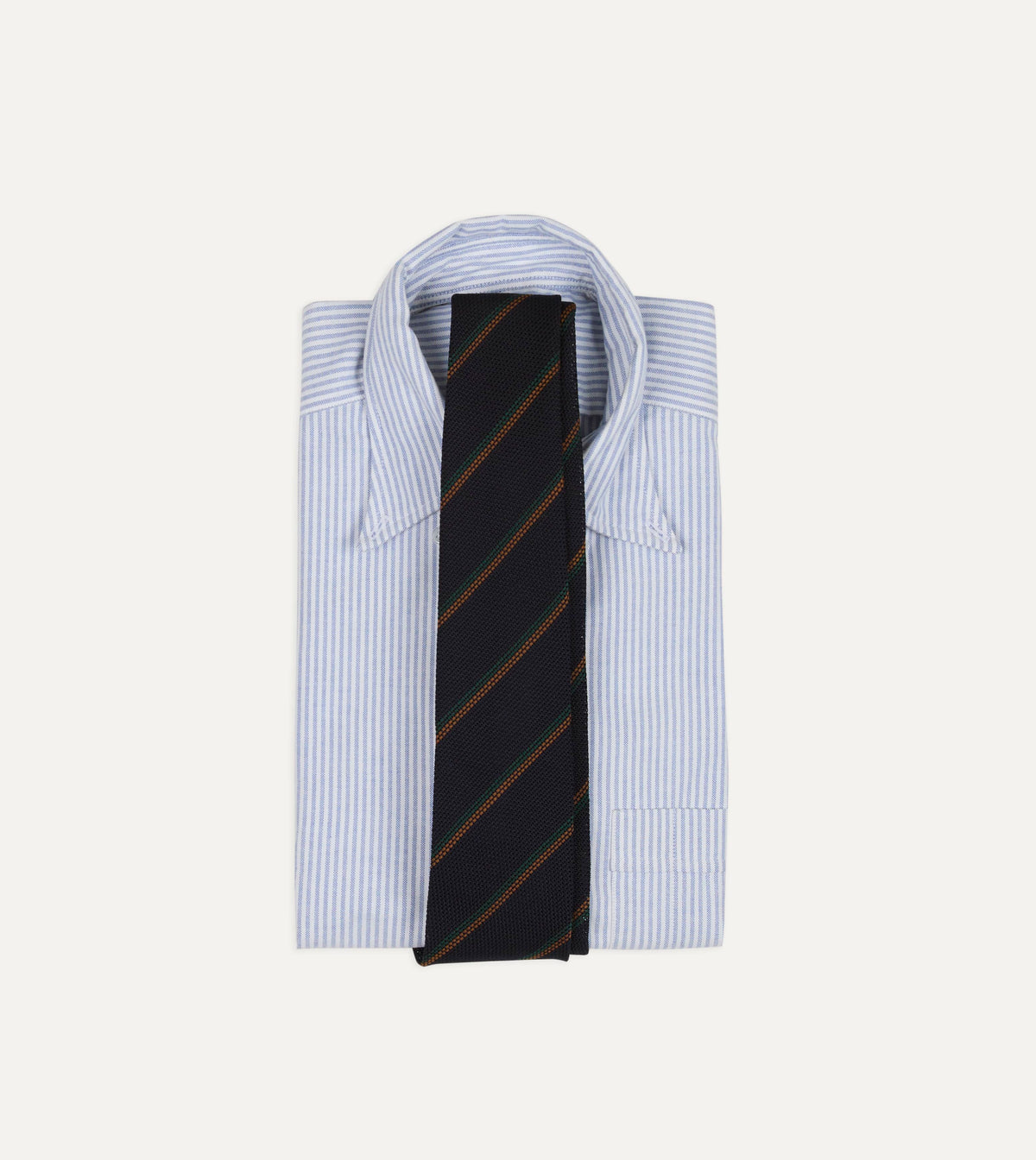 Navy, Green and Brown Stripe Grenadine Hand Rolled Wool-Silk Tie