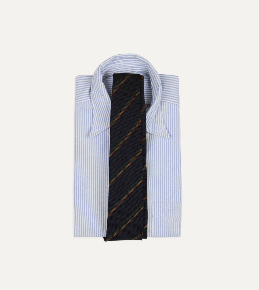 Navy, Green and Brown Stripe Grenadine Hand Rolled Wool-Silk Tie