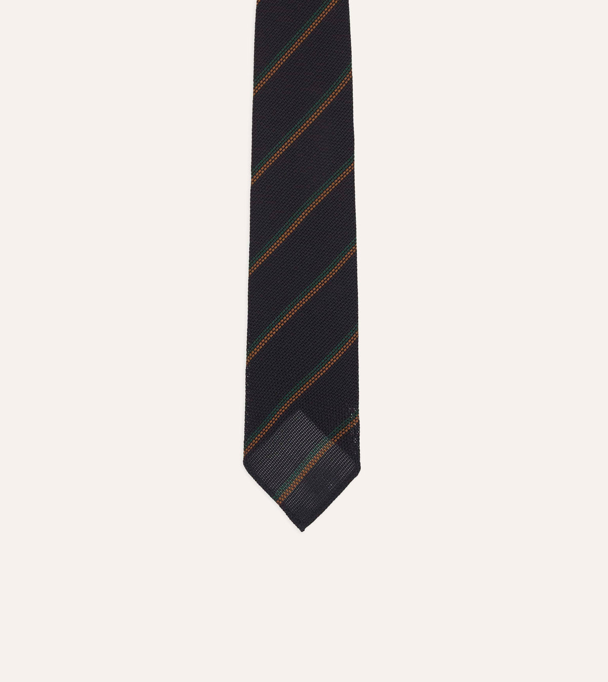 Navy, Green and Brown Stripe Grenadine Hand Rolled Wool-Silk Tie