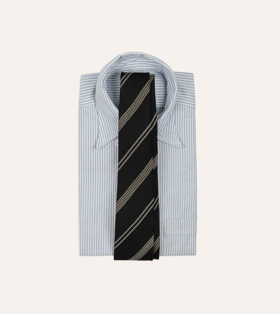 Navy, White and Brown Stripe Grenadine Hand Rolled Wool-Silk Tie