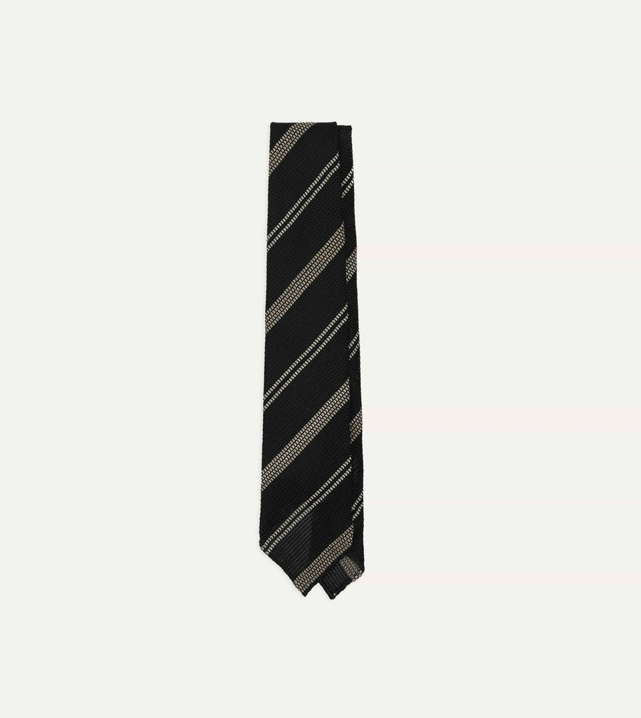 Navy, White and Brown Stripe Grenadine Hand Rolled Wool-Silk Tie