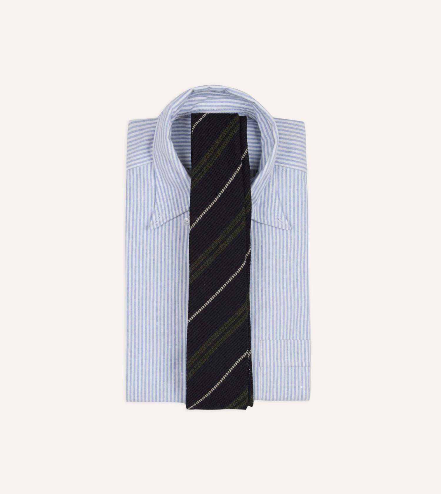 Navy and Green Stripe Grenadine Hand Rolled Shetland Wool Tie