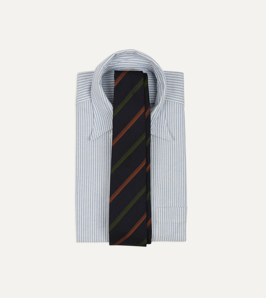 Navy, Green and Brown Multi Stripe Hand Rolled Silk Grenadine Tie